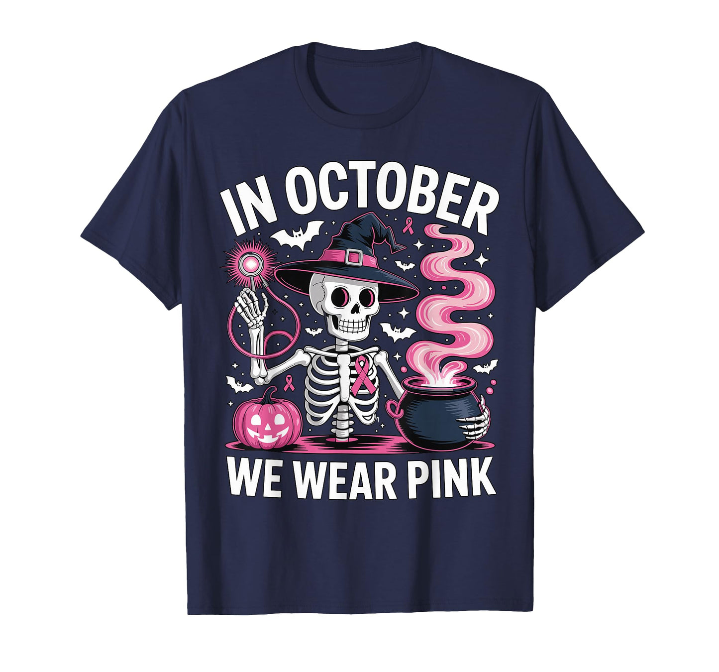 in October We Wear Pink Halloween Skeleton Witch for Women T-Shirt