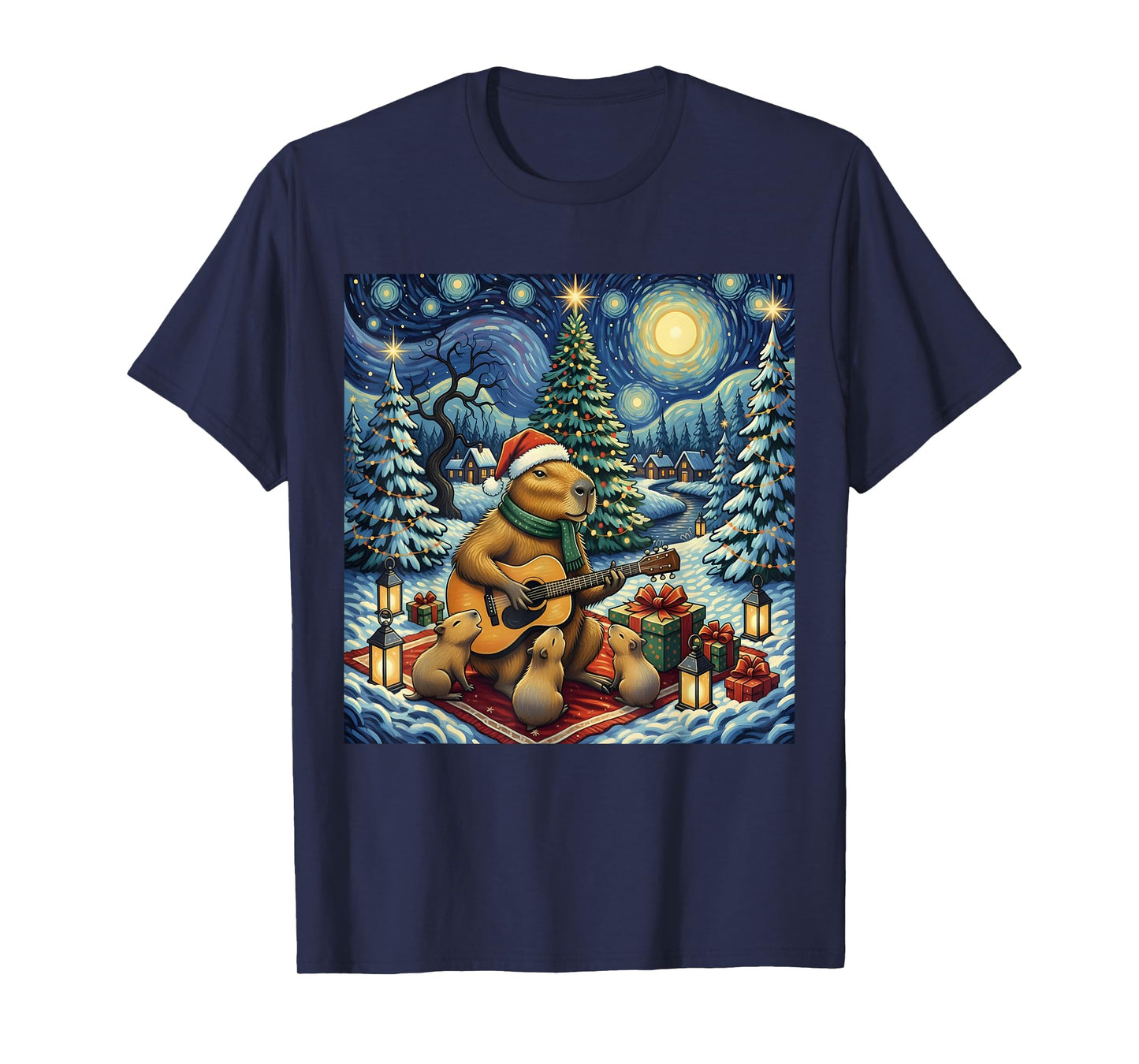 Capybara Playing The Guitar Van Gogh Style Christmas Themed T-Shirt