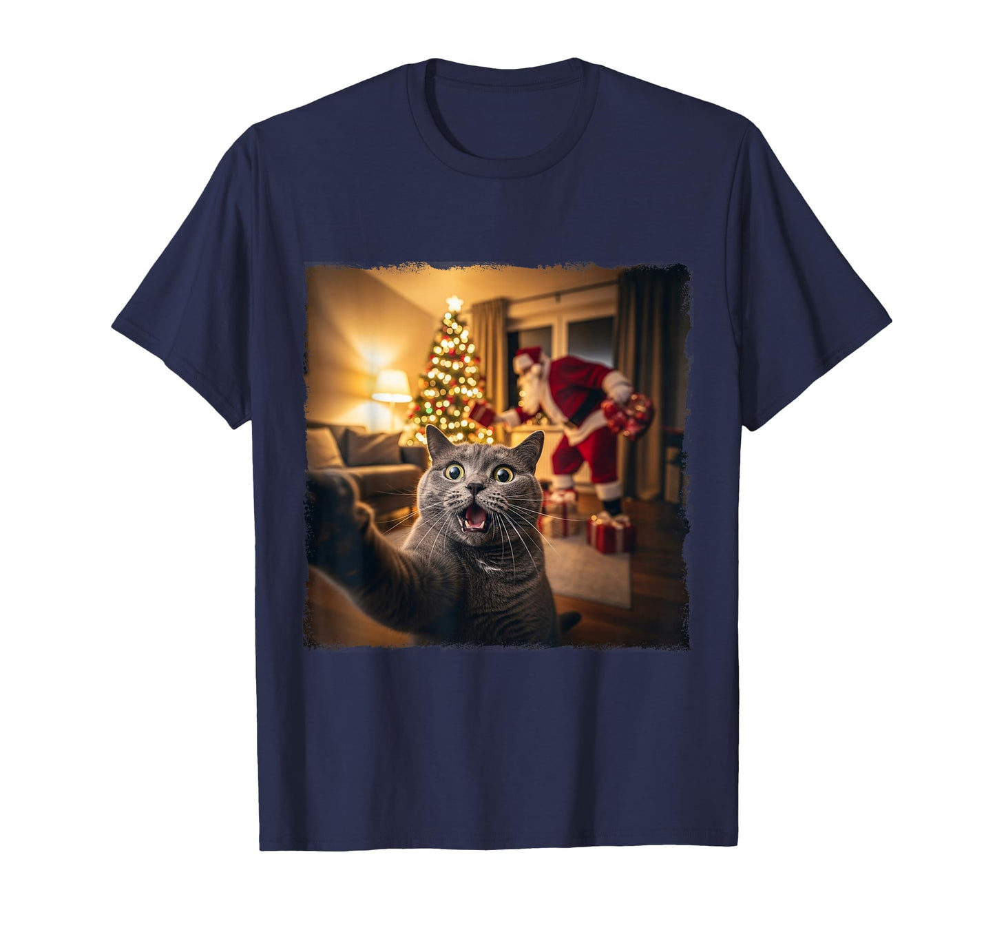 Funny Cute Cat Selfie with Santa Claus Gifts Christmas Night T-Shirt