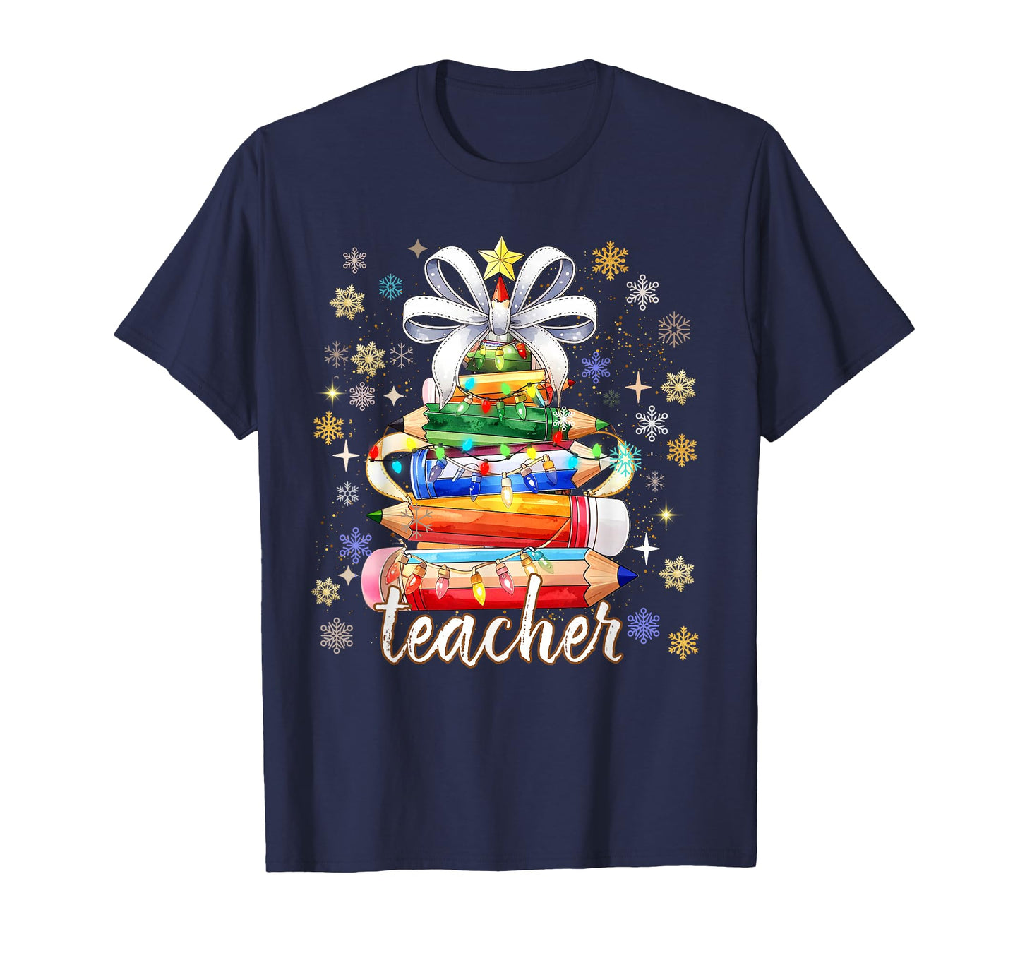 Teacher Student Vibes Holiday Pencil Tree Lights Women Kid T-Shirt