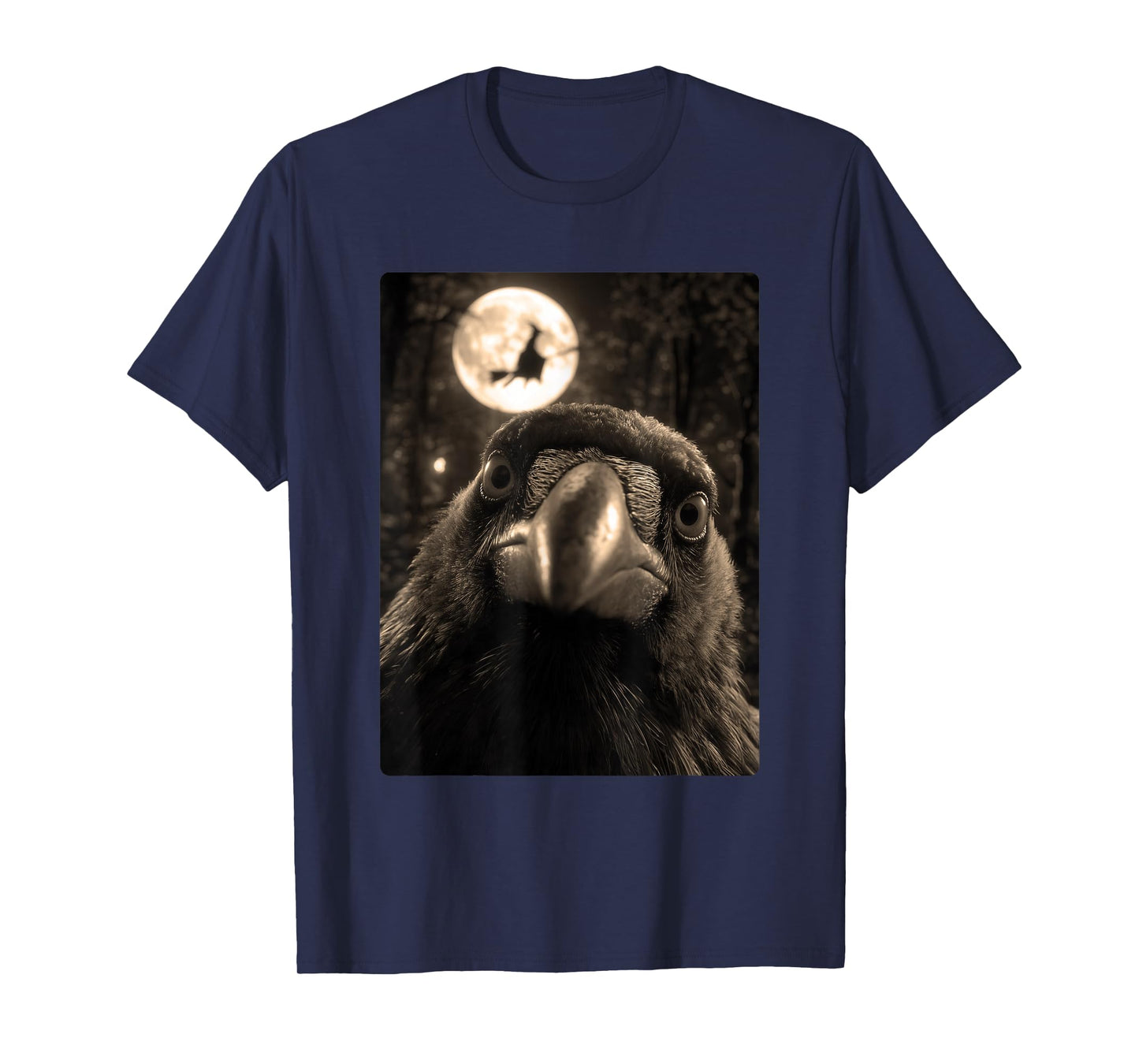 Funny Crow Selfie Full Moon Flying Witch Forest Halloween T-Shirt