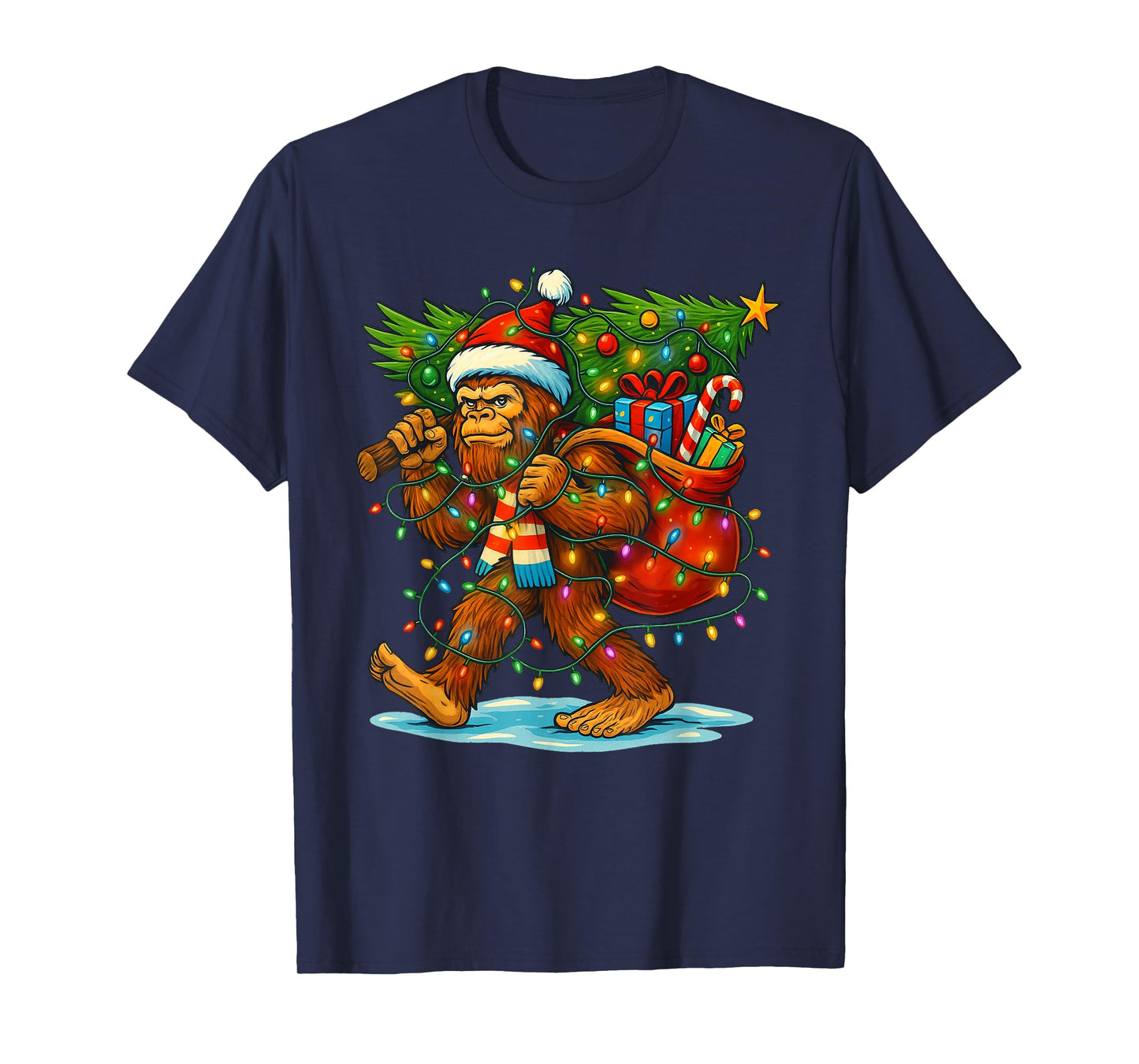 Bigfoot Christmas Tree Xmas Sasquatch Funny Lights Men Boys T-Shirt