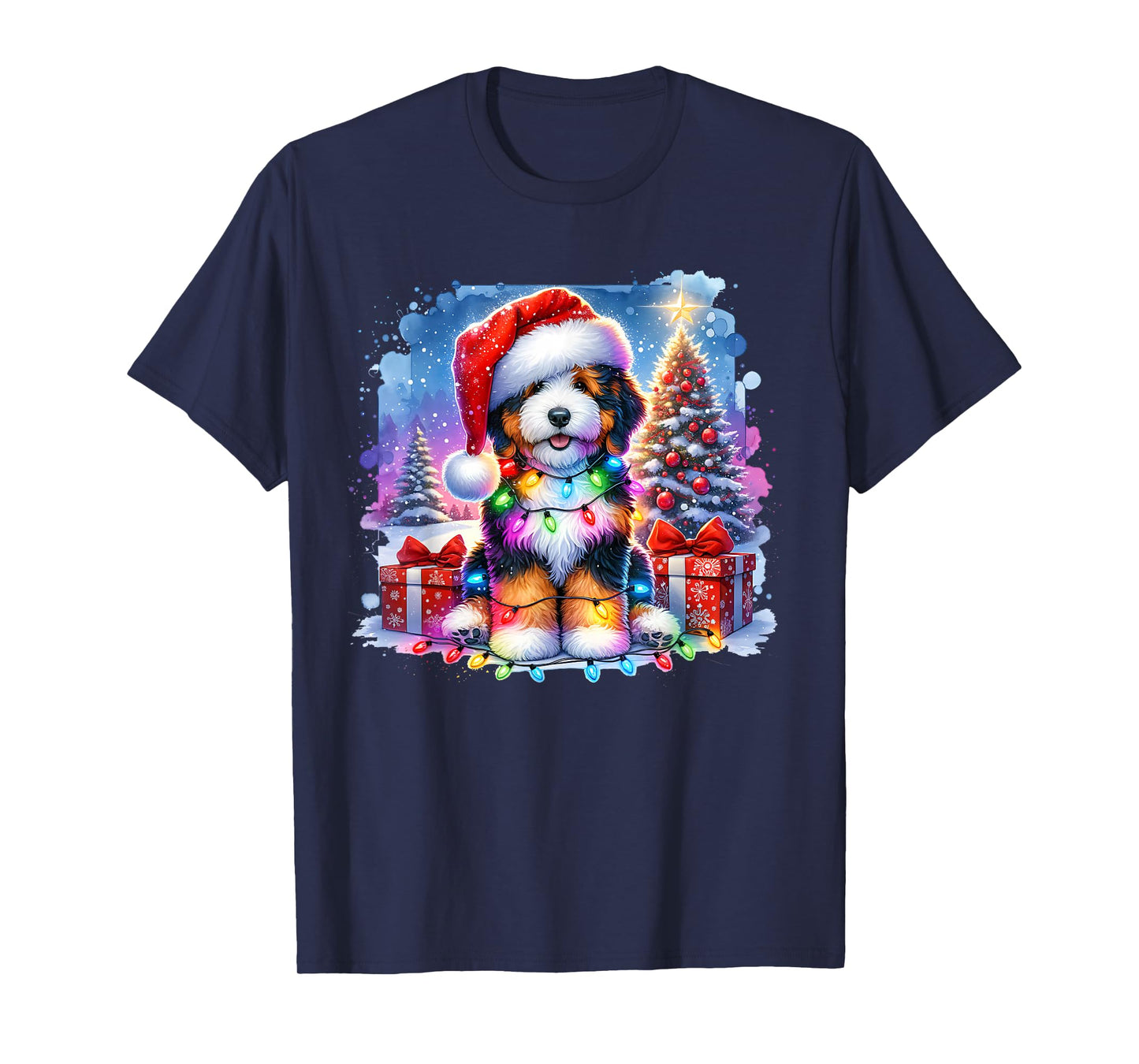 Festive Bernedoodle Dog Santa Hat Christmas Tree Lights T-Shirt