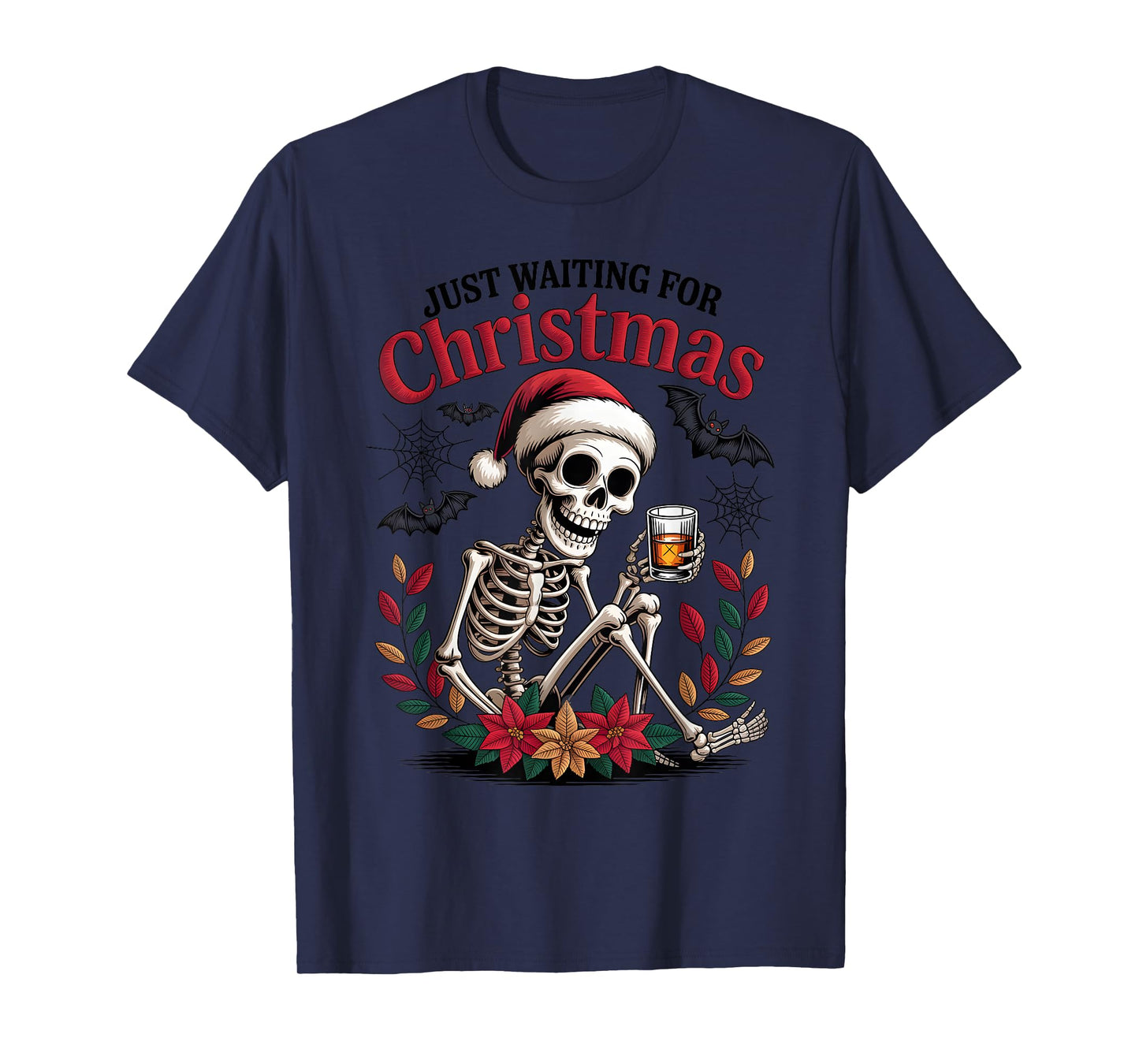 Just Waiting for Christmas Skeleton Santa T-Shirt