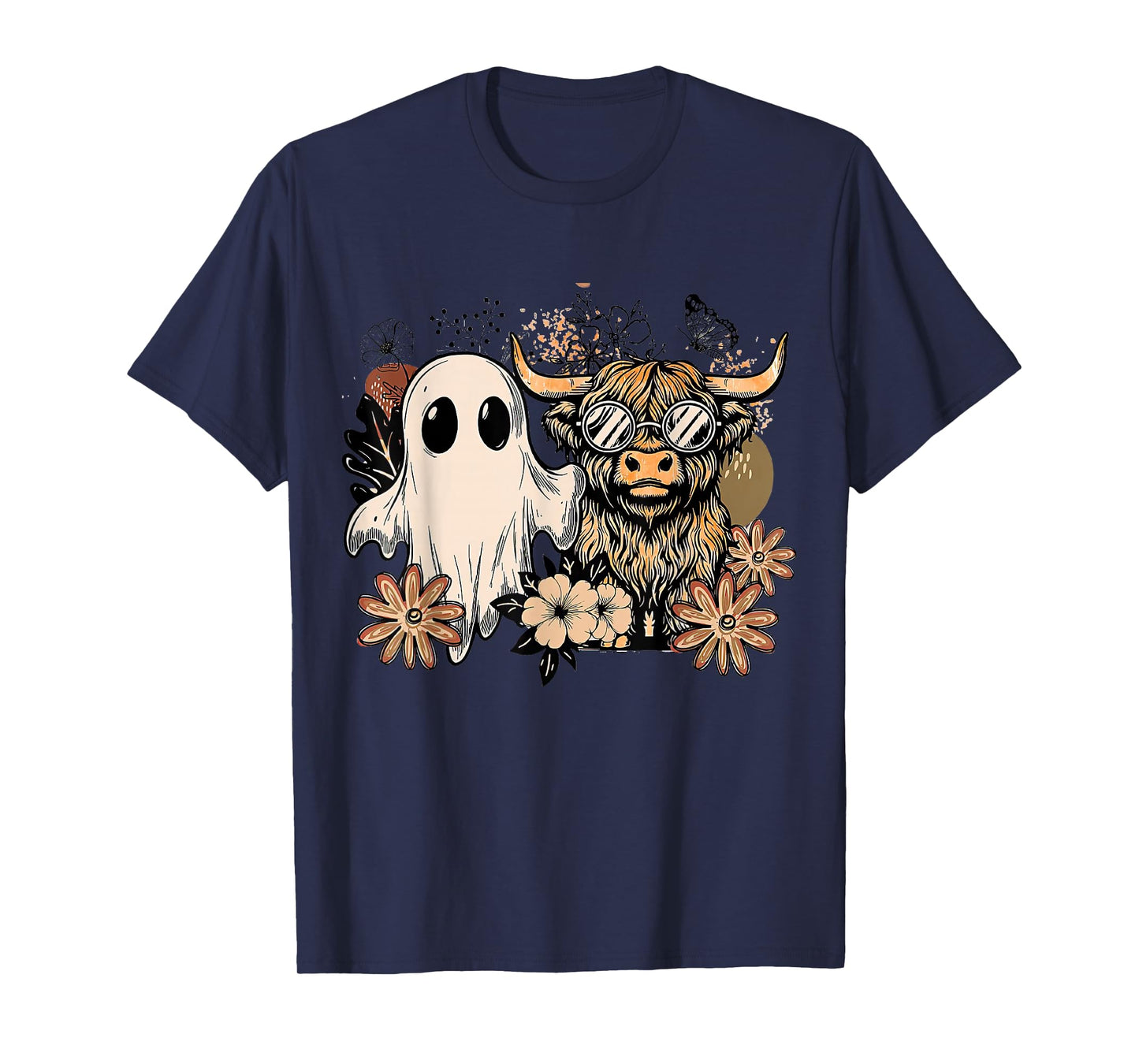 Floral Fall Highland Cow Ghost Boho Pumpkin Halloween T-Shirt