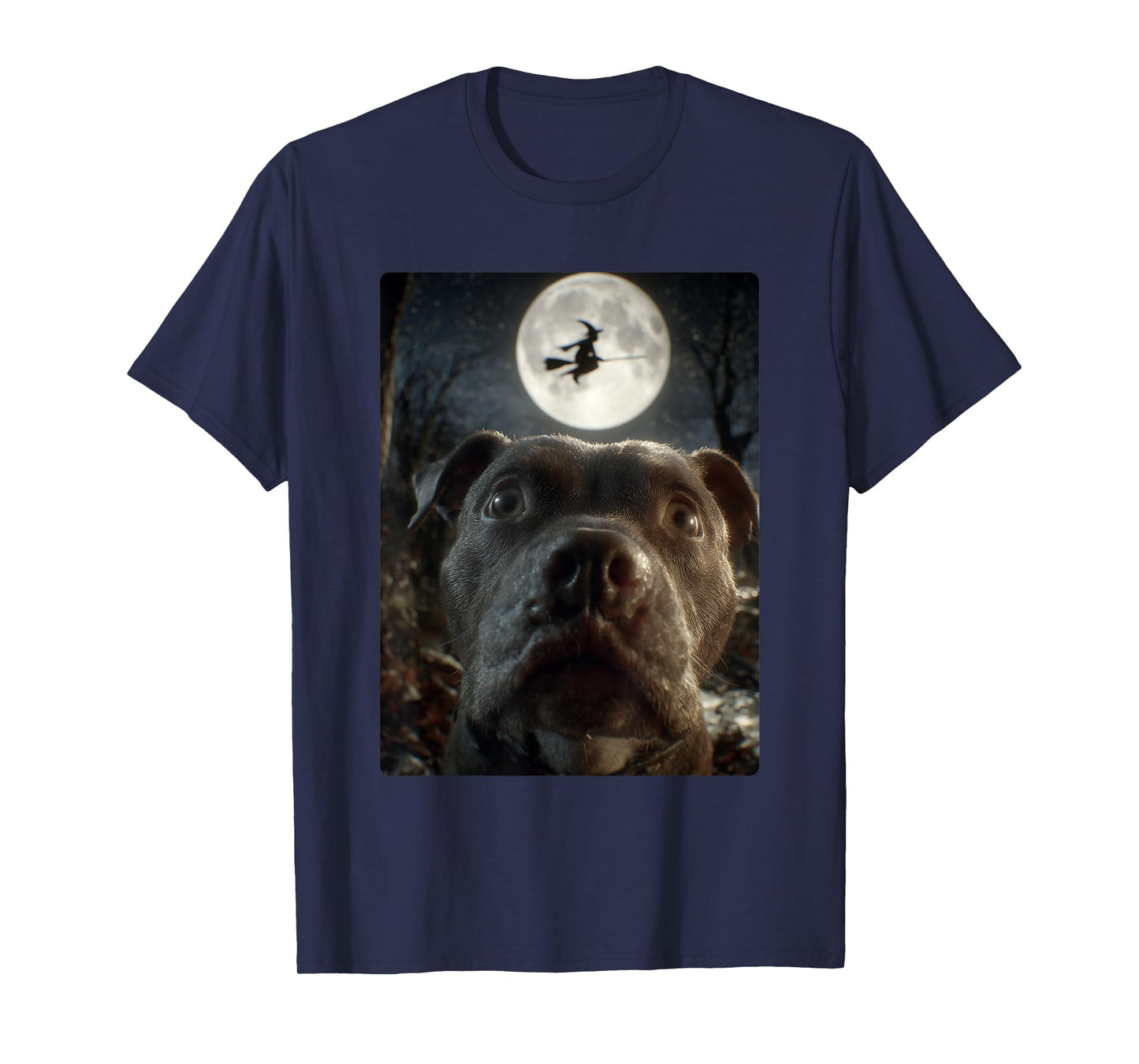 Funny Pit Bull Selfie Full Moon Flying Witch Halloween Dog T-Shirt