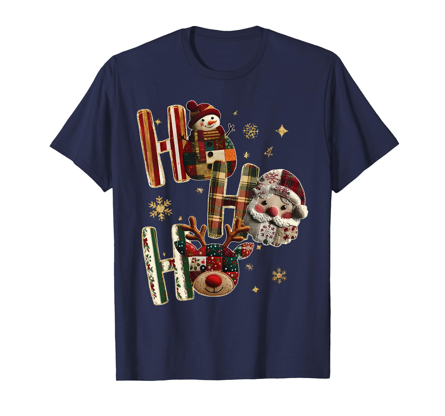 Patchwork Santa Claus Reindeer Snowman Quilters Christmas T-Shirt