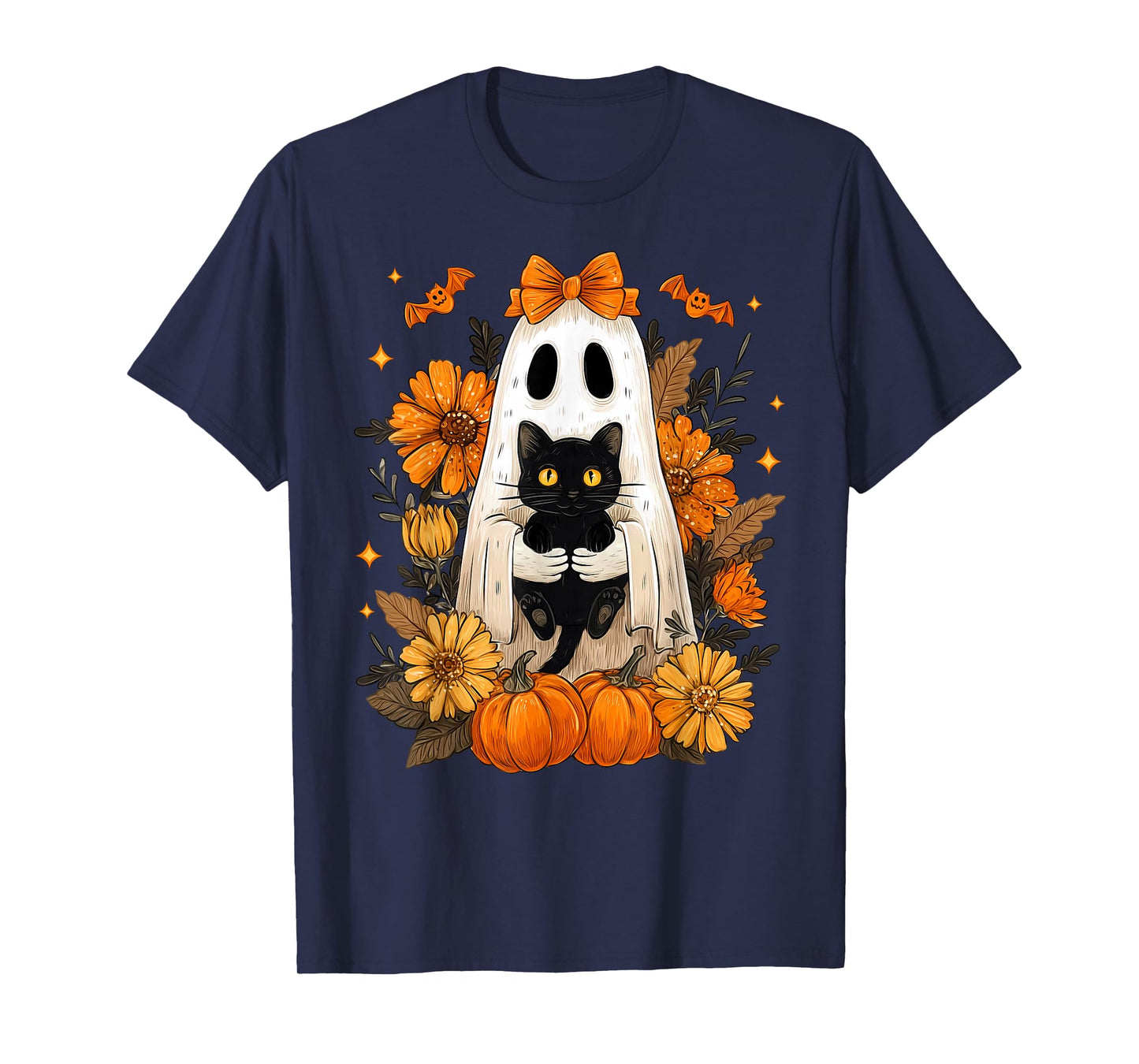 Halloween Groovy Floral Cute Bow Ghost Black Cat Pumpkin T-Shirt