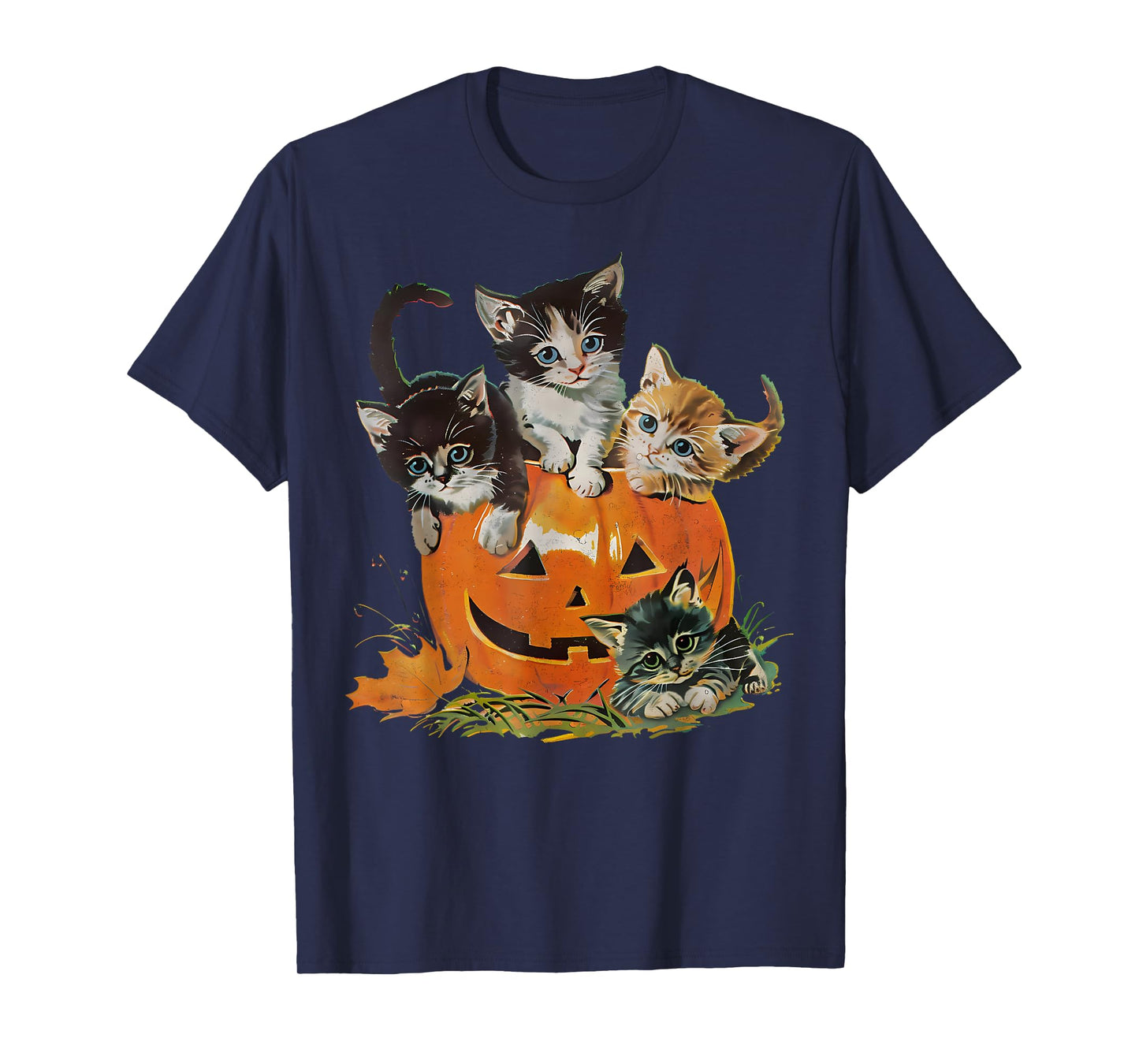 Vintage 90s Cat Pumpkin Halloween Retro Floral Spooky Season T-Shirt