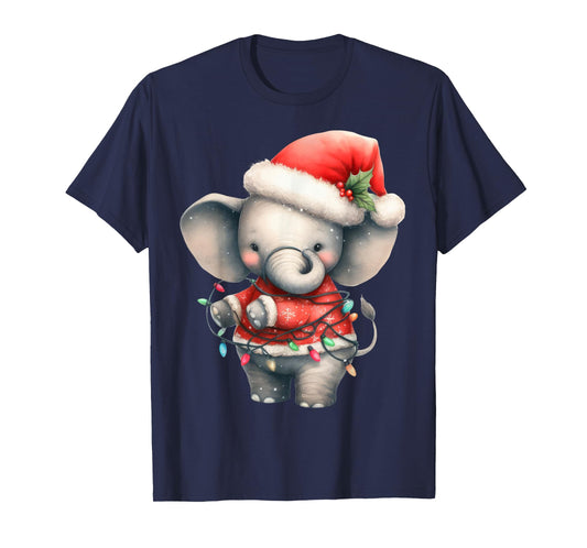 Elephant Christmas Lights Funny Santa Hat Merry Xmas T-Shirt