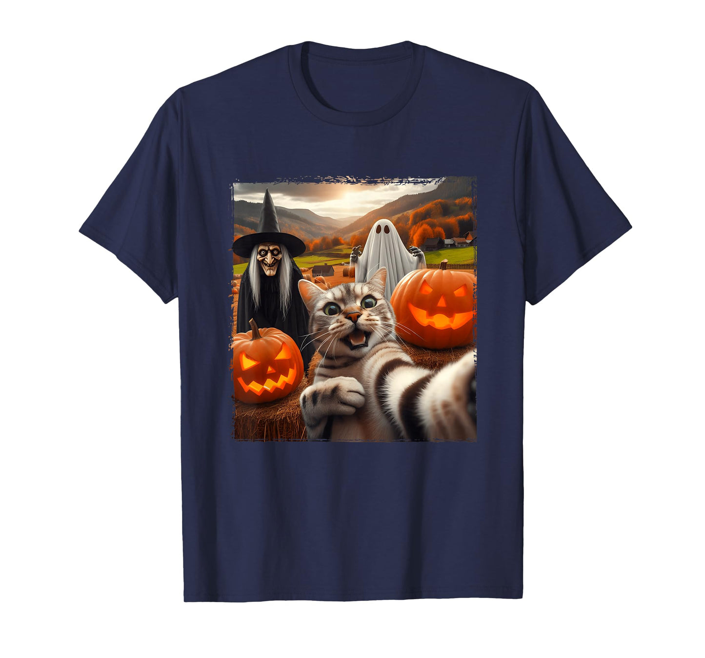 Halloween Cat Selfie with Ghost and Witch Pumpkin Costume T-Shirt