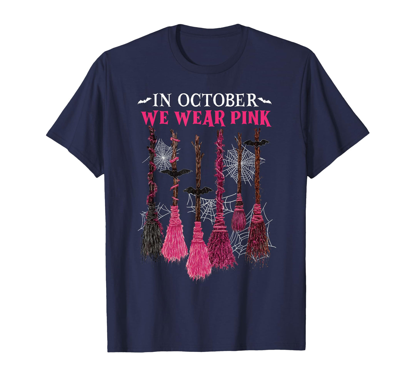in October We Wear Pink Witch Broom Breast Cancer Halloween T-Shirt