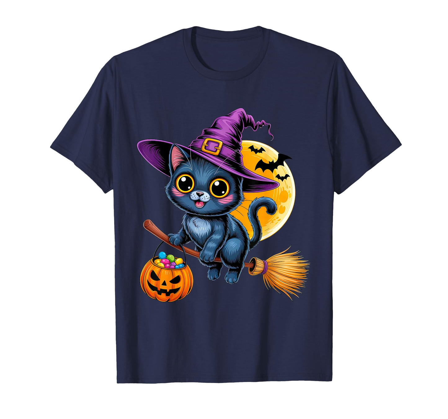 Cat Witch Hat Halloween Moon Pumpkin T-Shirt