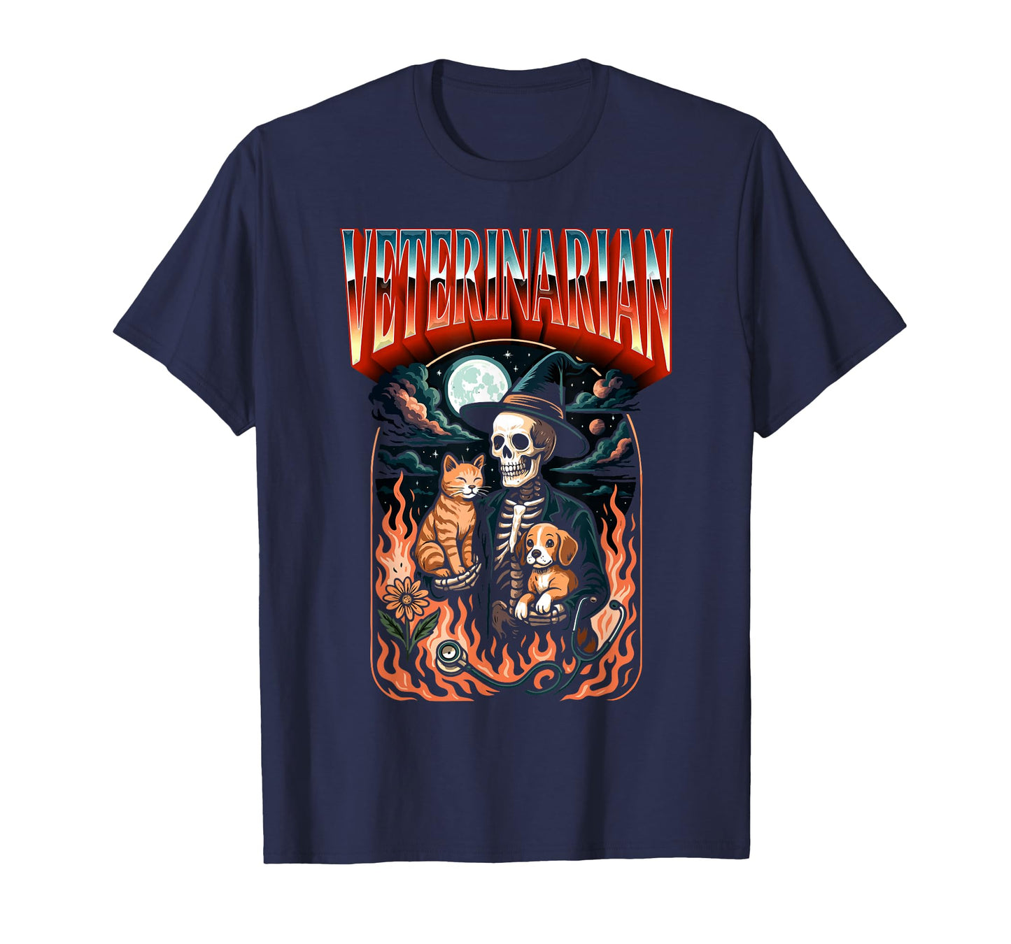 Spooky Veterinarian Skeleton with Cat & Dog Halloween T-Shirt