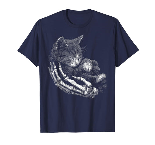 Vintage Skeleton Hand Hugging Kitten Halloween Cat T-Shirt