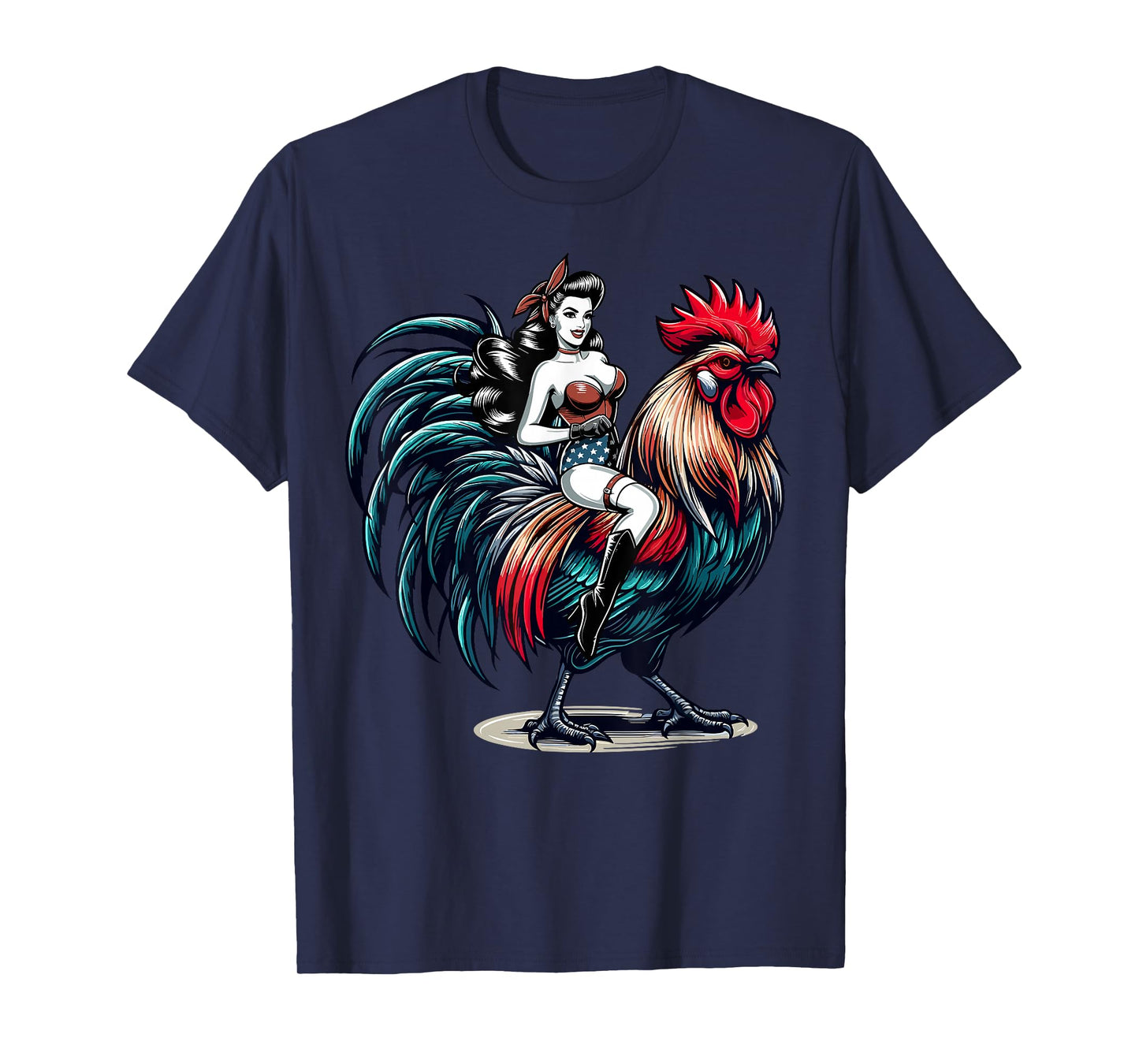 Pin-Up Girl Riding Rooster Vintage Patriotic T-Shirt