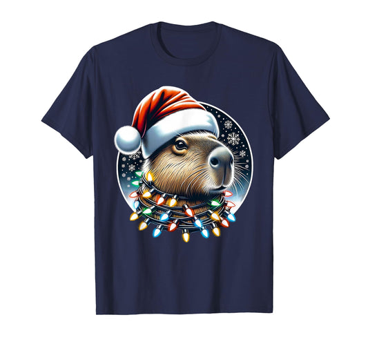 Christmas Capybara Santa Hat Xmas Lights Men Women Kids T-Shirt