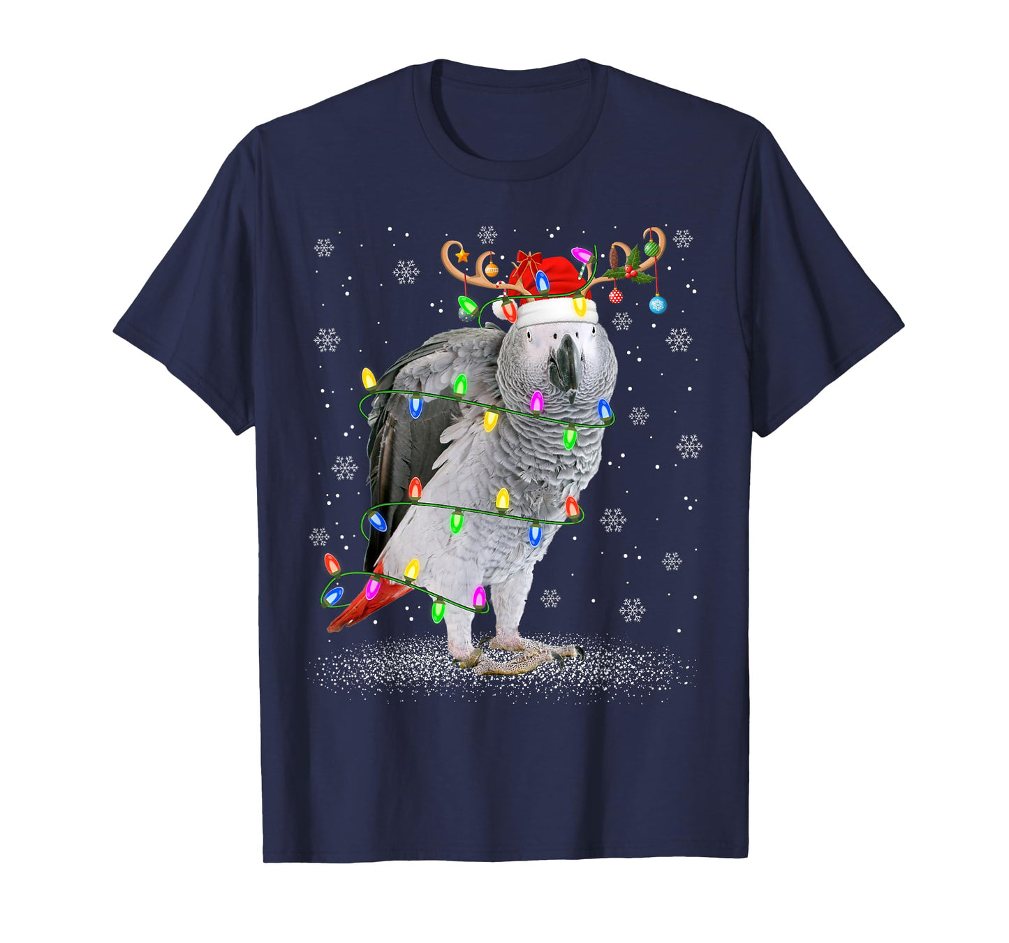 Grey Parrot Bird Christmas Lights Reindeer Santa Hat Xmas T-Shirt
