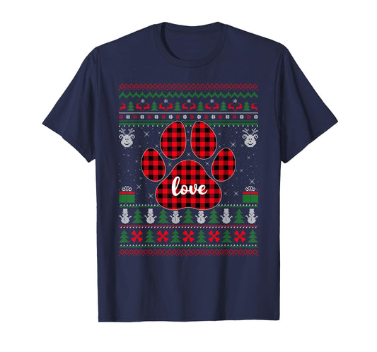 Dog Paw Ugly Christmas Sweaters Buffalo Plaid Love Dog Xmas T-Shirt