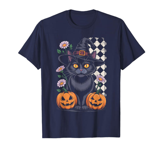 Cute Witch Cat Halloween Pumpkin Floral Aesthetic Tee T-Shirt