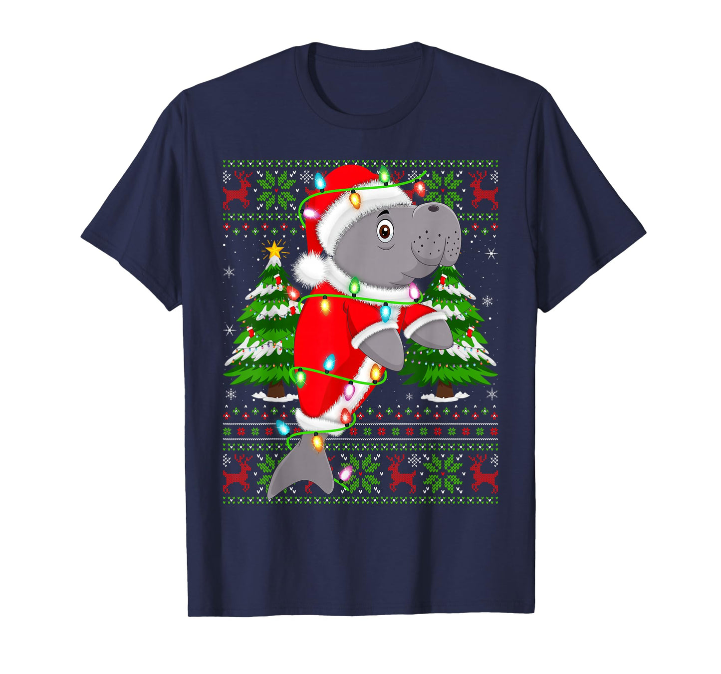 Manatee Christmas Lights Santa Costume Ugly Xmas Sweaters T-Shirt