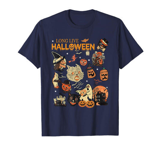 Long Live Halloween Vintage Pumpkin Witch Ghost Black Cat T-Shirt
