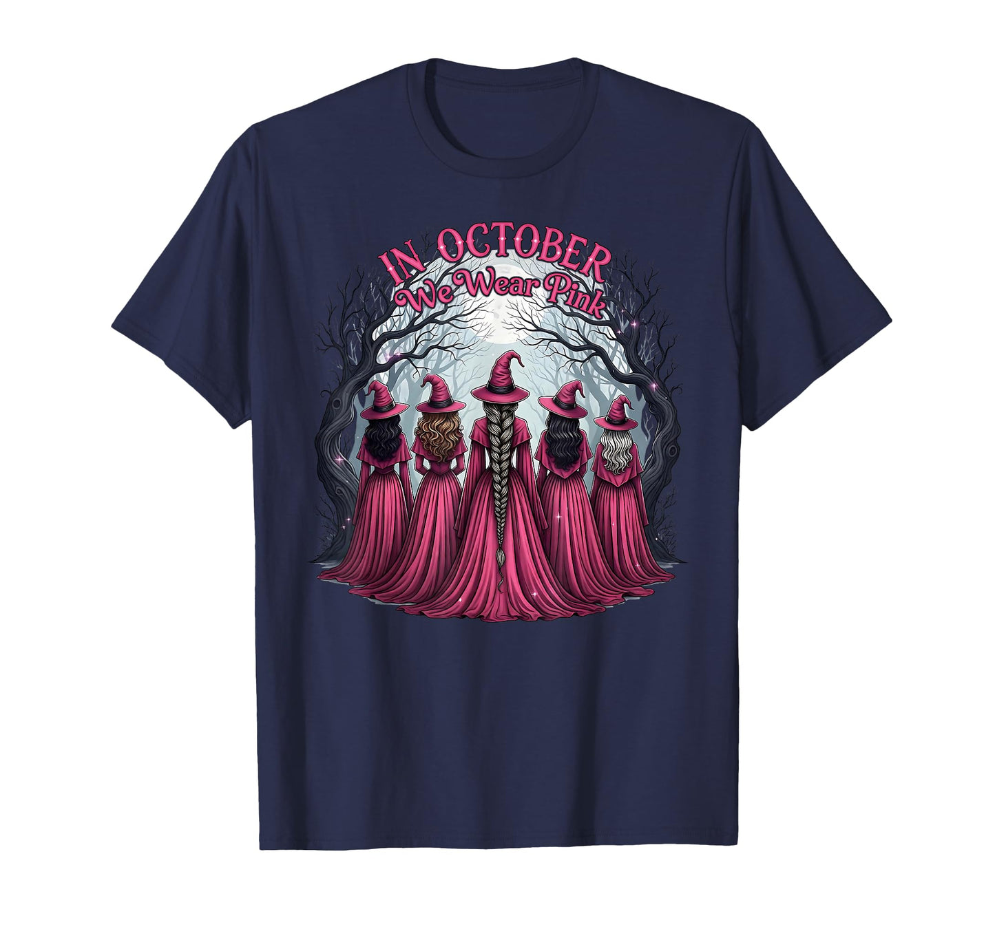 in October We Wear Pink Witch Halloween Breast Cancer Women T-Shirt