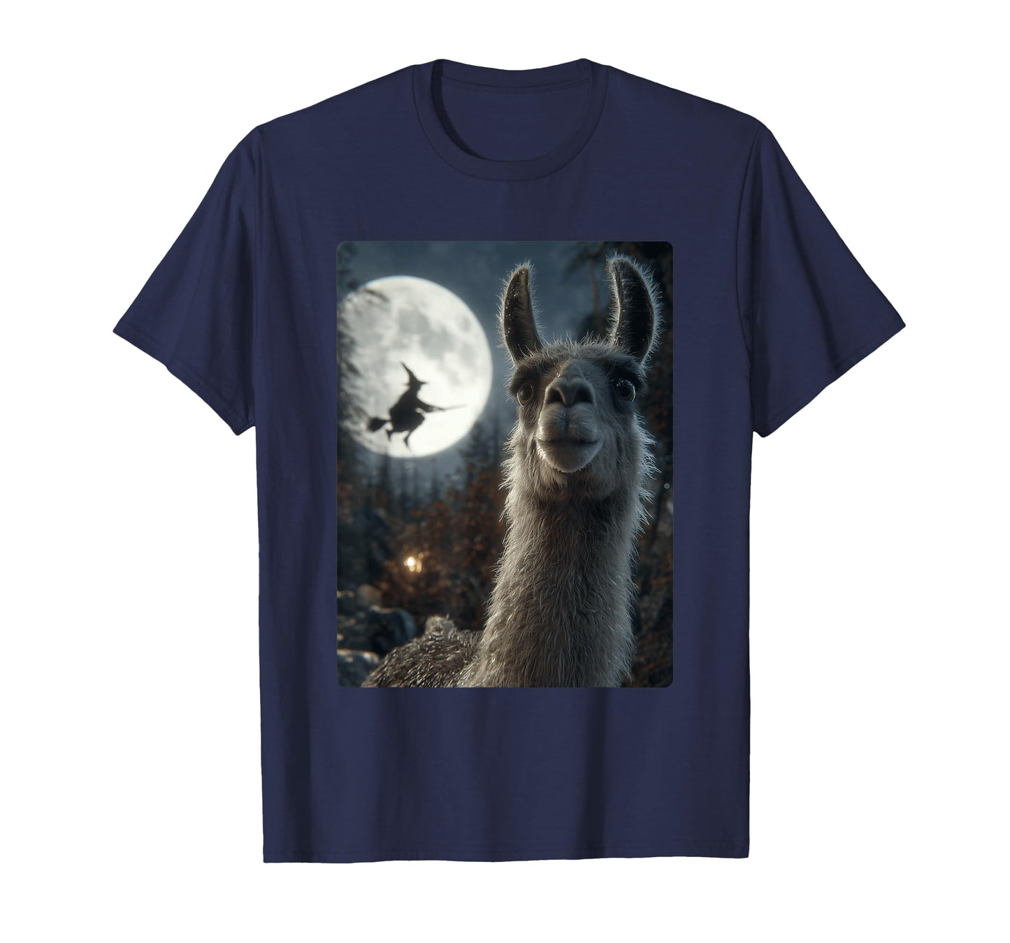 Funny Llama Selfie Full Moon Flying Witch Forest Halloween T-Shirt