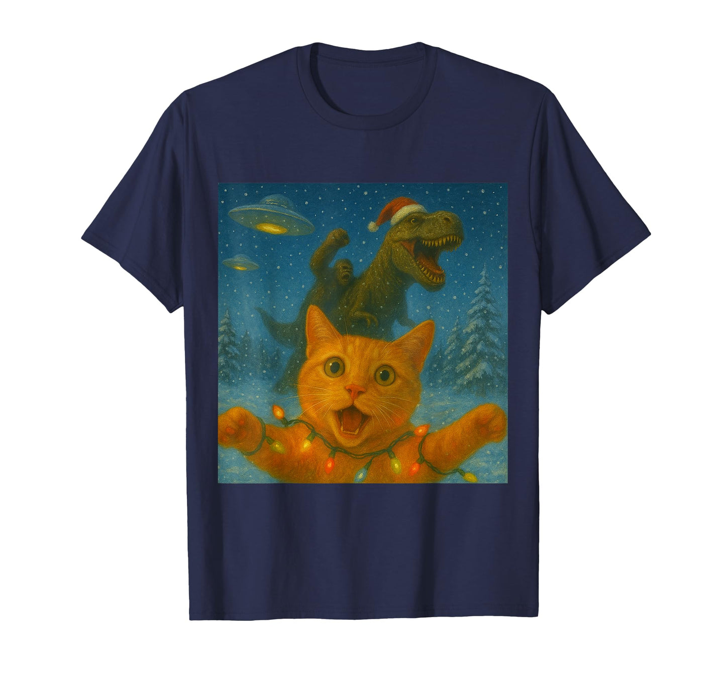 Funny Surprised Scared Cat Selfie T-Rex Dinosaur Bigfoot UFO T-Shirt