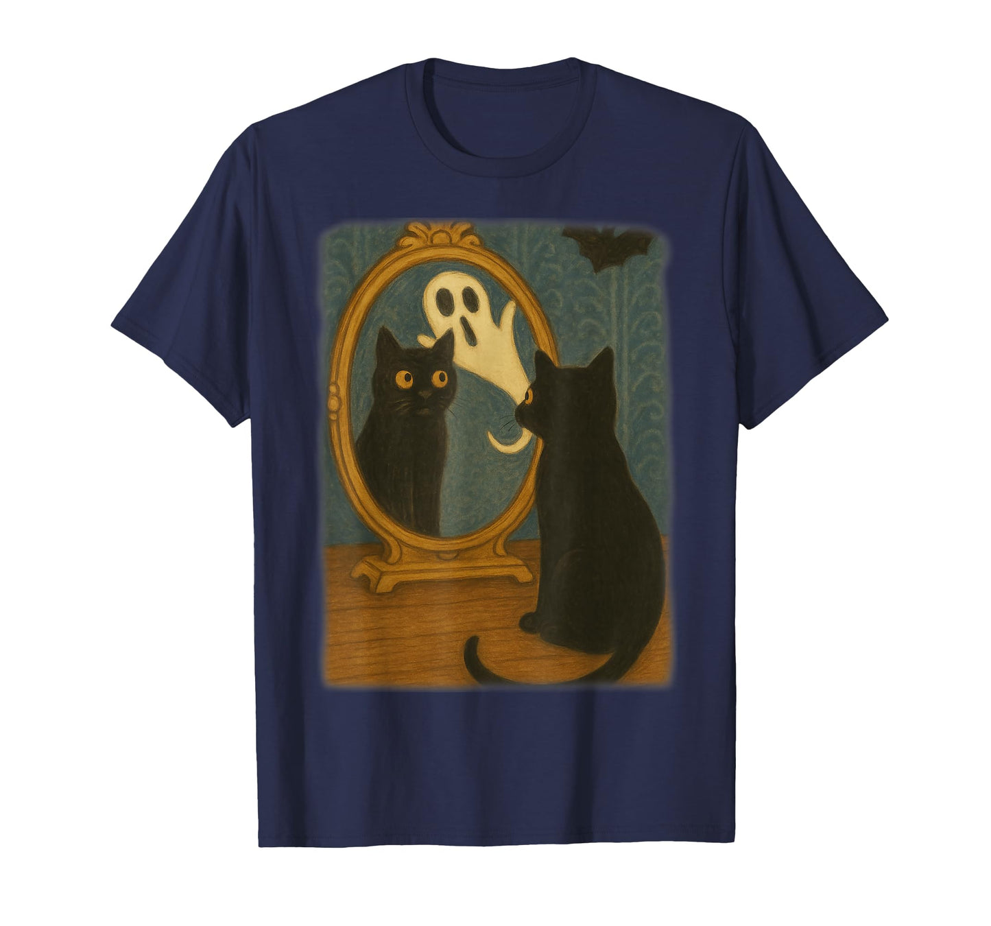 Vintage Halloween Black Cat Ghost in Mirror Cat Lovers Kids T-Shirt