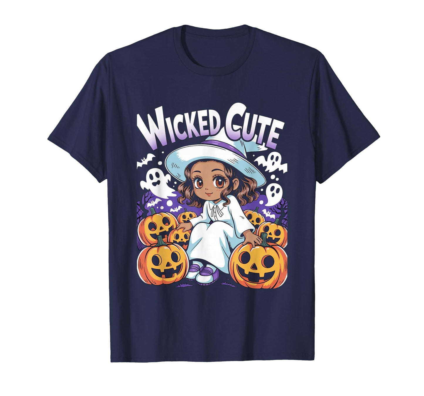 Halloween Anime Black Witch Melanin Cute Pumpkin Kids Girls T-Shirt