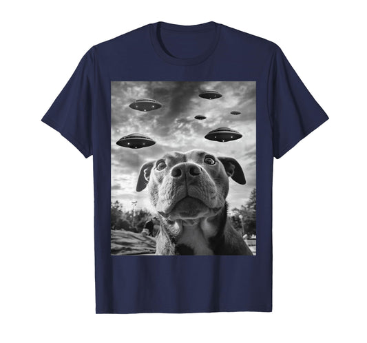 Funny Dog Pitbull Selfie with UFOs Alien Novelty T-Shirt