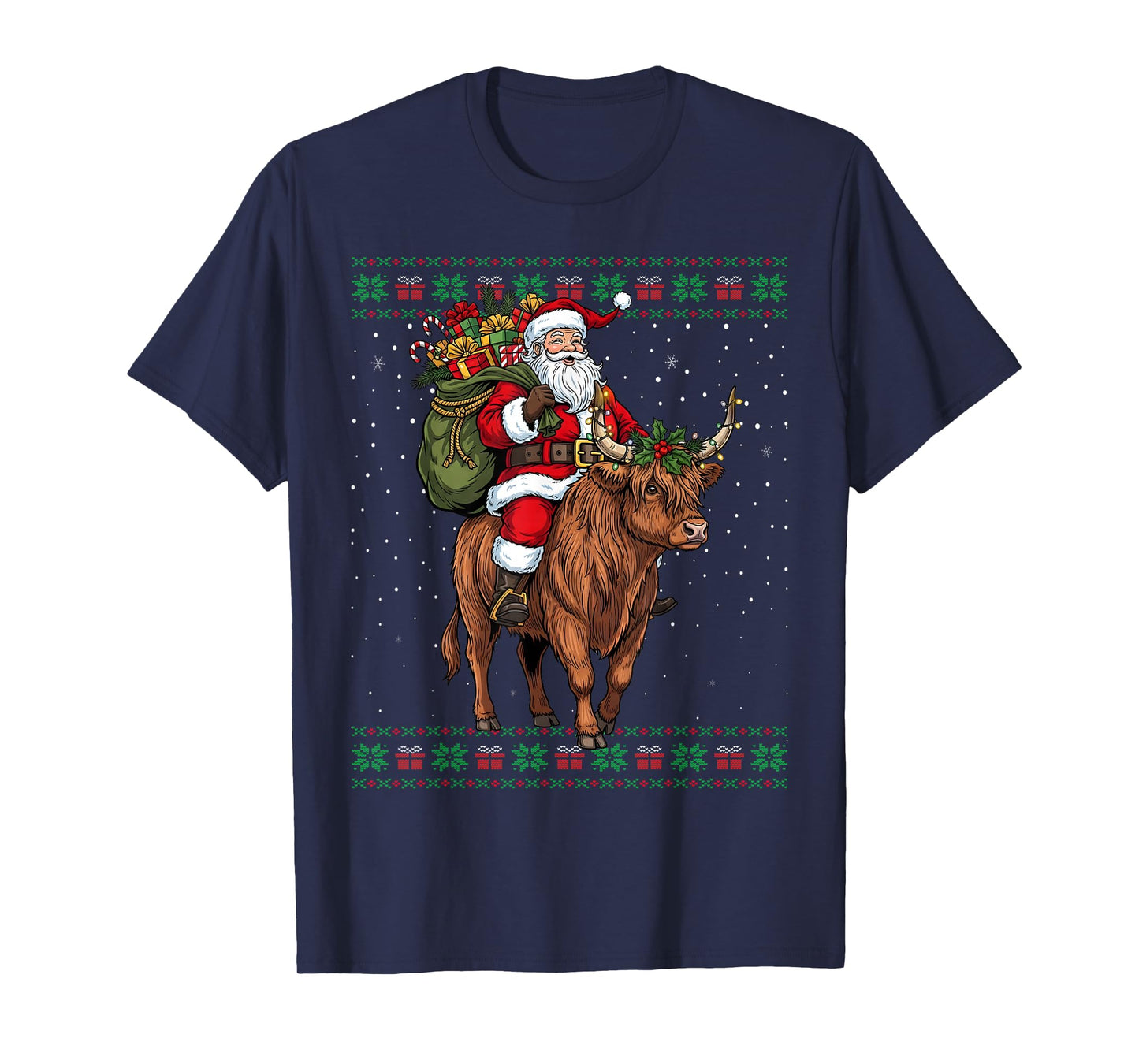 Santa Riding Highland Cow Ugly Christmas Sweater T-Shirt