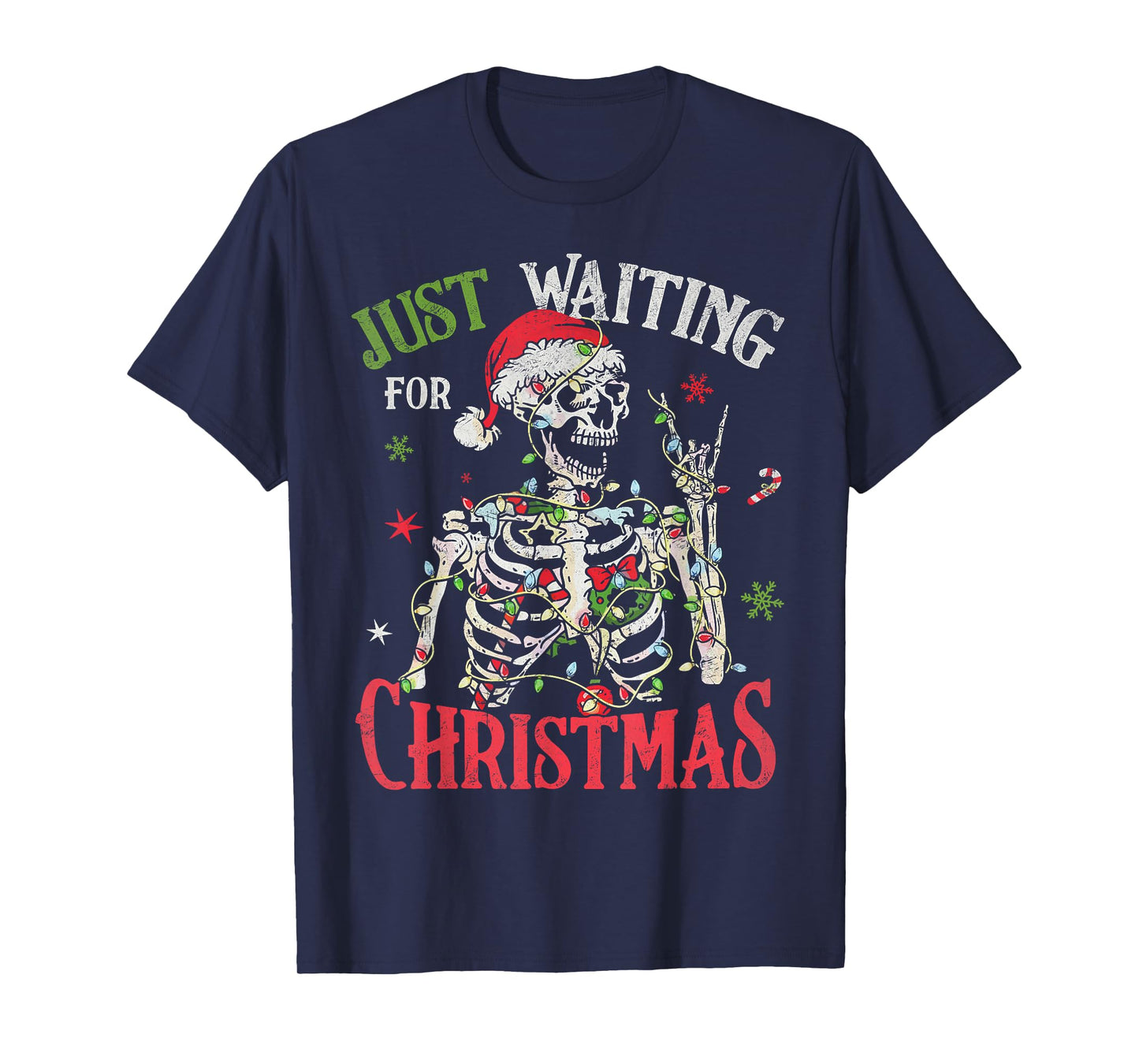 Just Waiting for Christmas Holiday Santa Claus Skeleton T-Shirt
