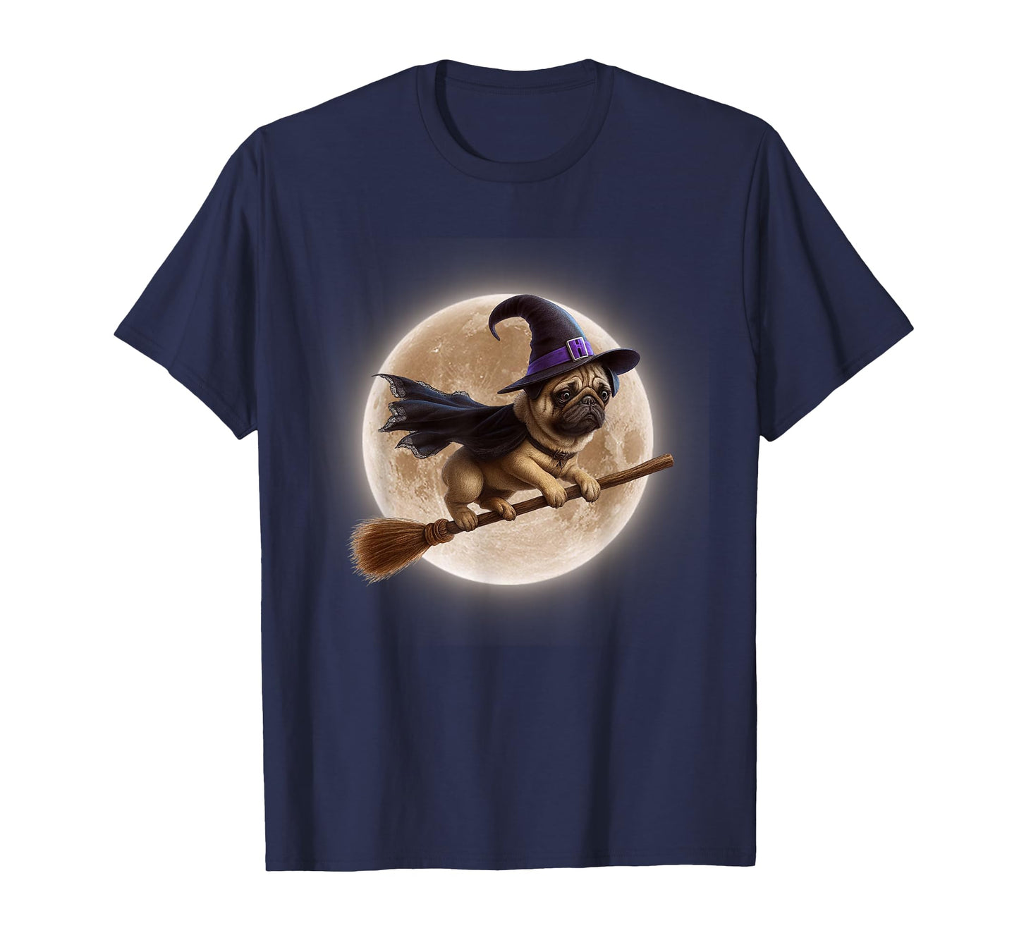 Funny Dog Pug Witch Broom Ride Full Moon Halloween T-Shirt