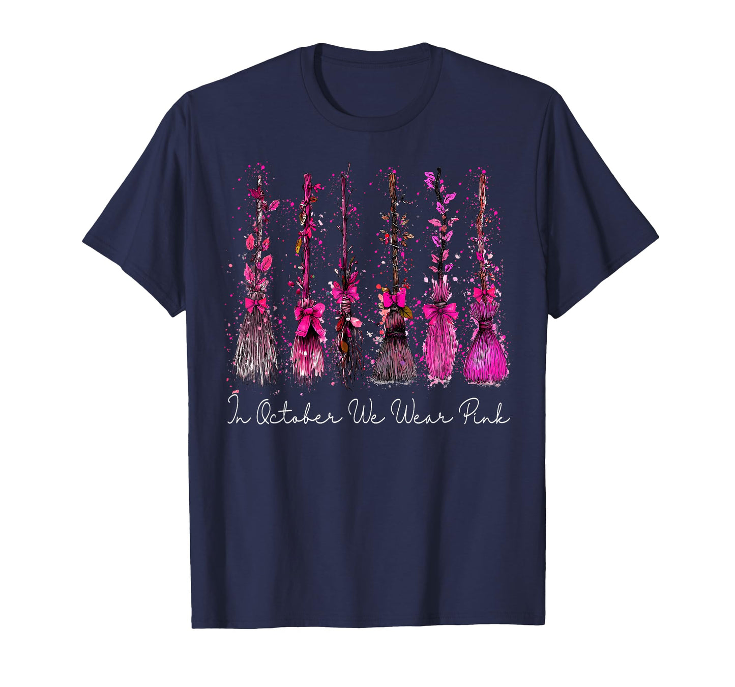 in October We Wear Pink Broom Witch Breast Cancer Halloween T-Shirt