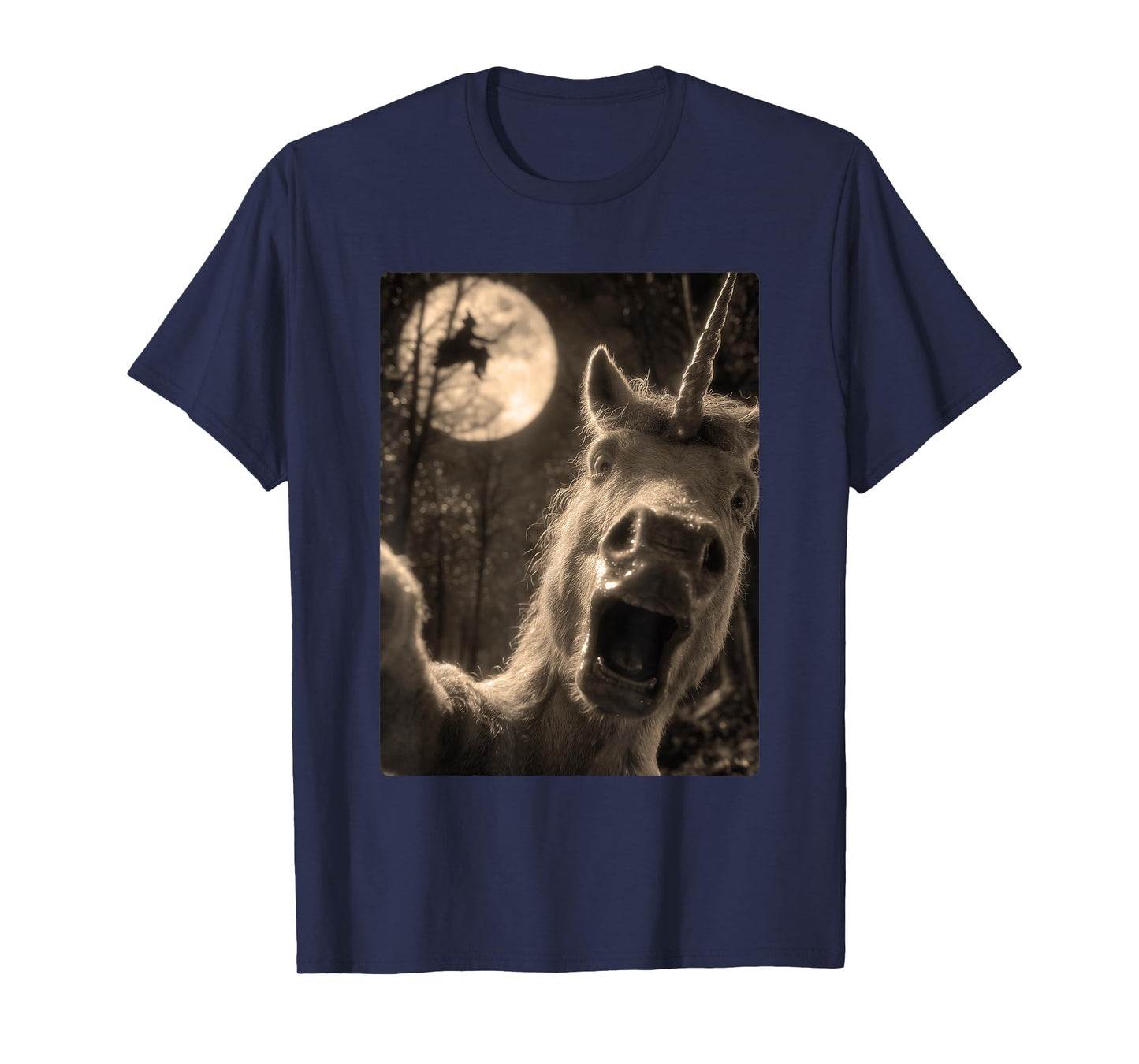 Funny Unicorn Selfie Full Moon Flying Witch Forest Halloween T-Shirt