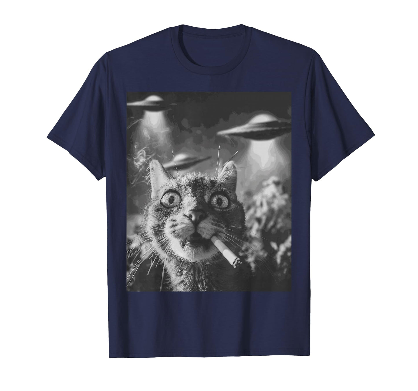 Funny Graphic Cat Smoking UFOs Funny T-Shirt