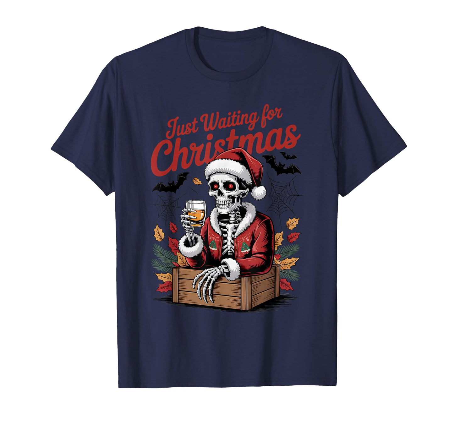 Just Waiting for Christmas Skeleton Santa T-Shirt