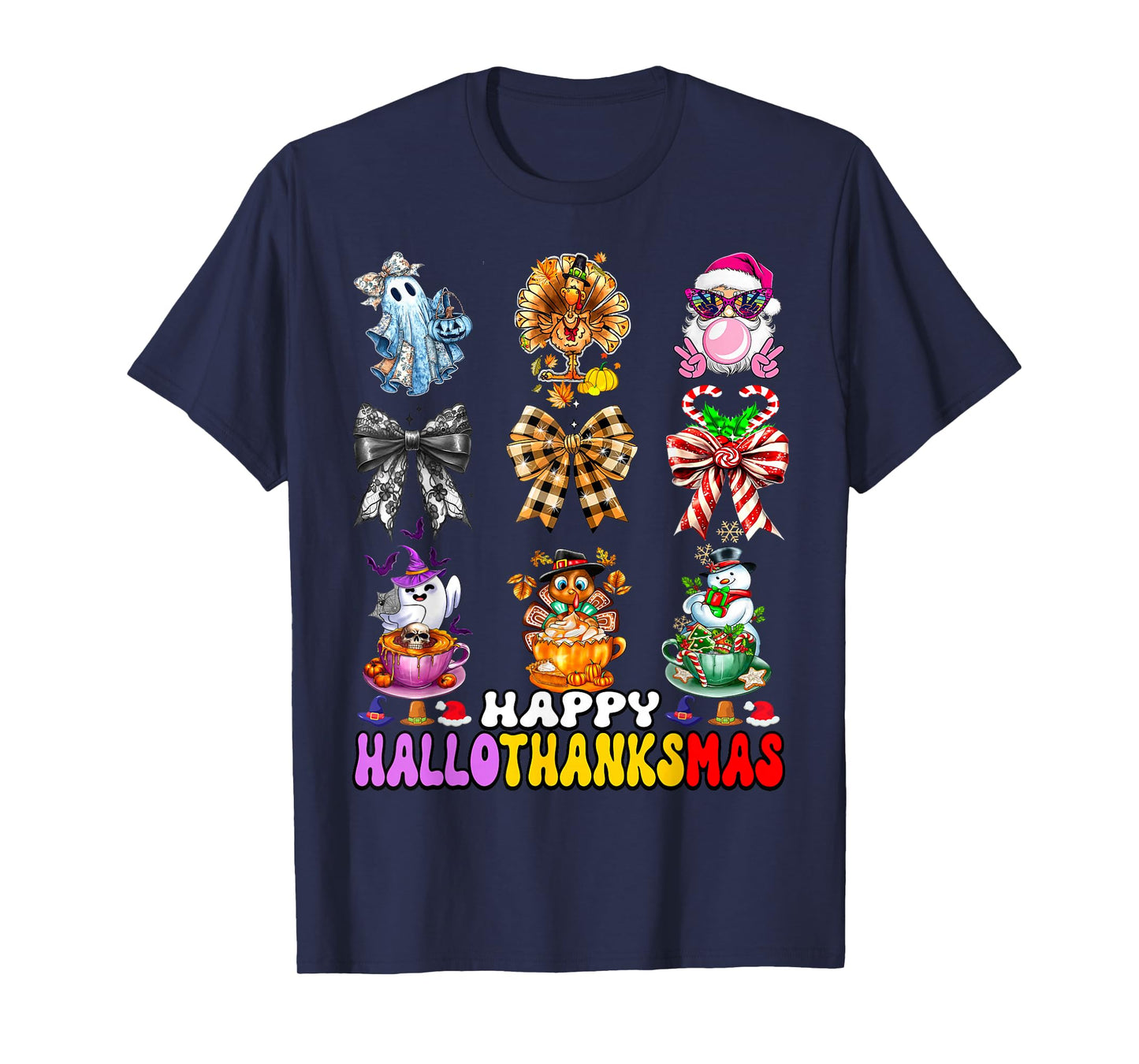 Hallothanksmas Coquette Bow Halloween Thanksgiving Christmas T-Shirt