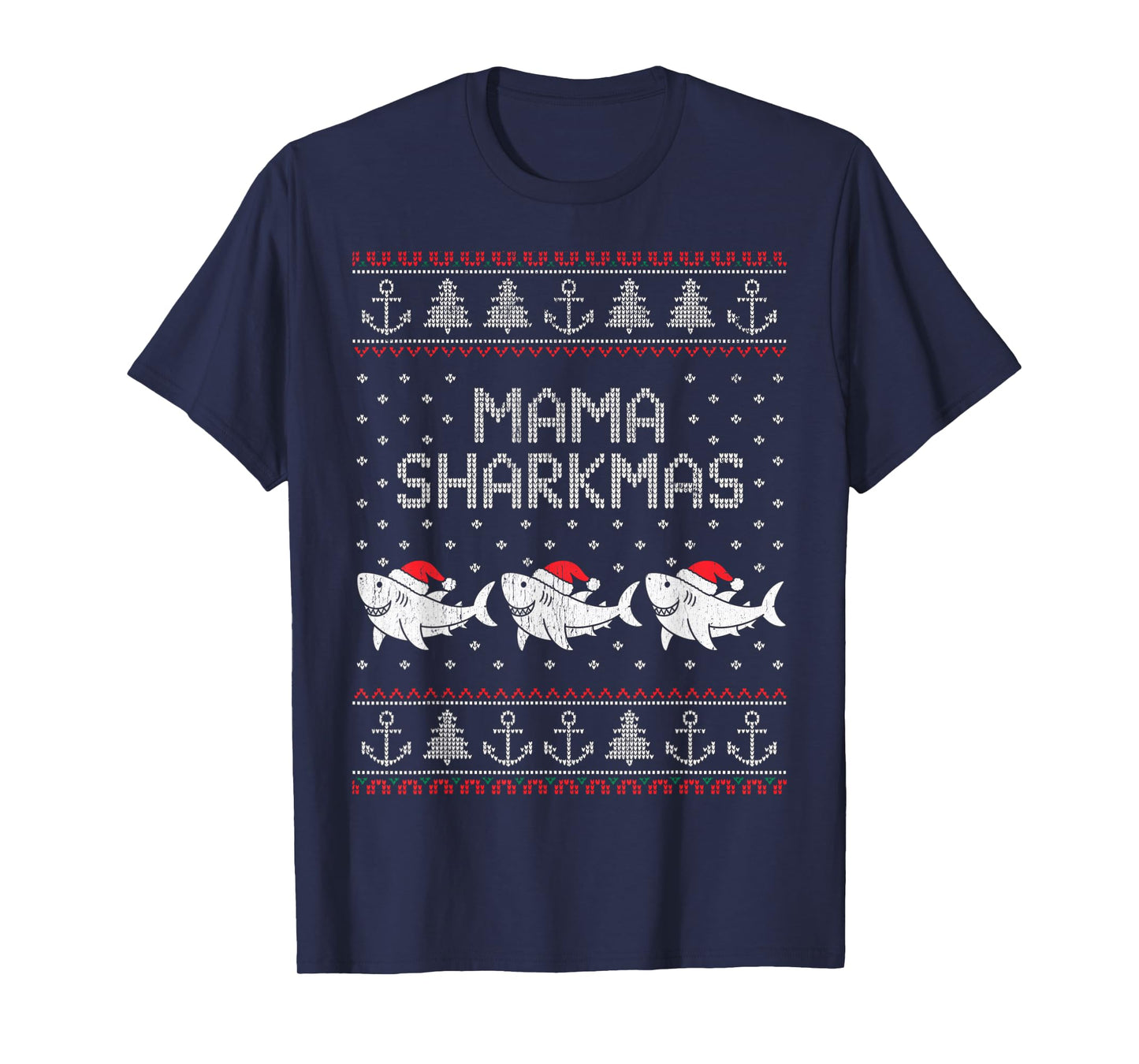 Mama Sharkmas Funny Shark Santa Hat Ugly Christmas Sweater T-Shirt