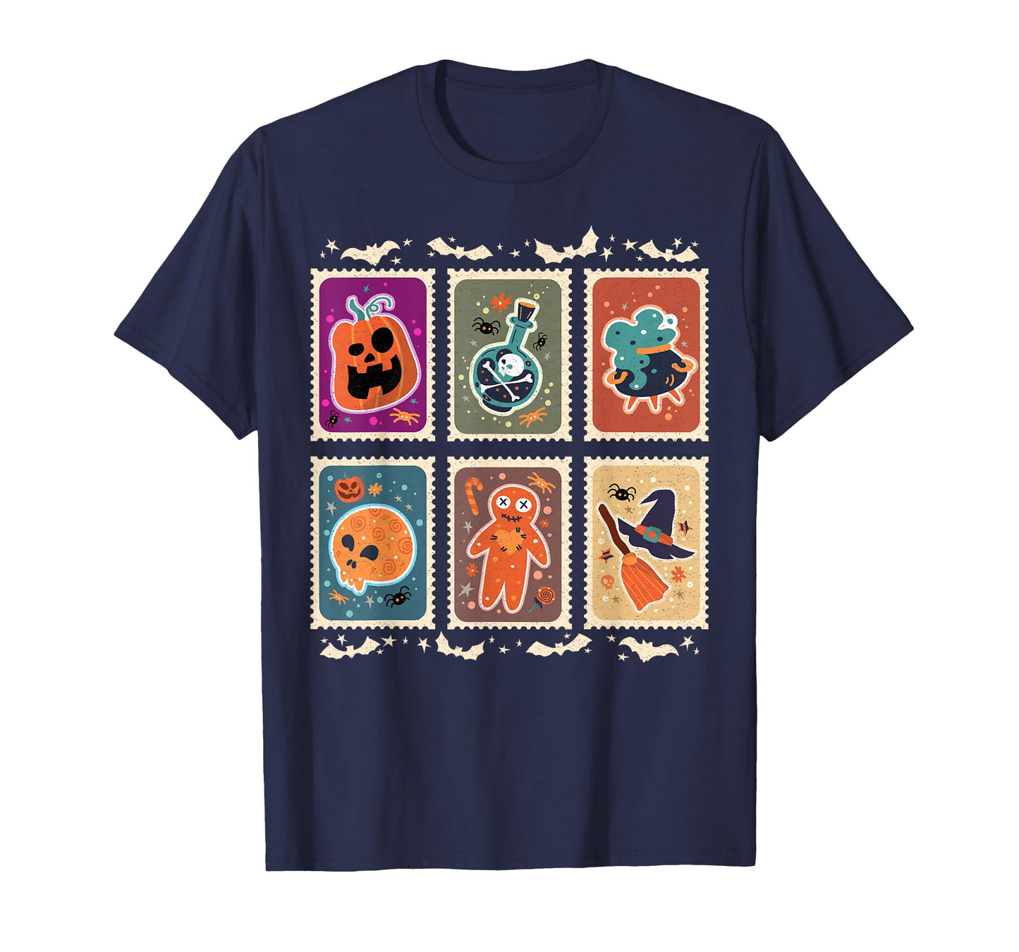 Halloween Stamp Funny Spooky Season Witch Cat Ghost Pumpkin T-Shirt