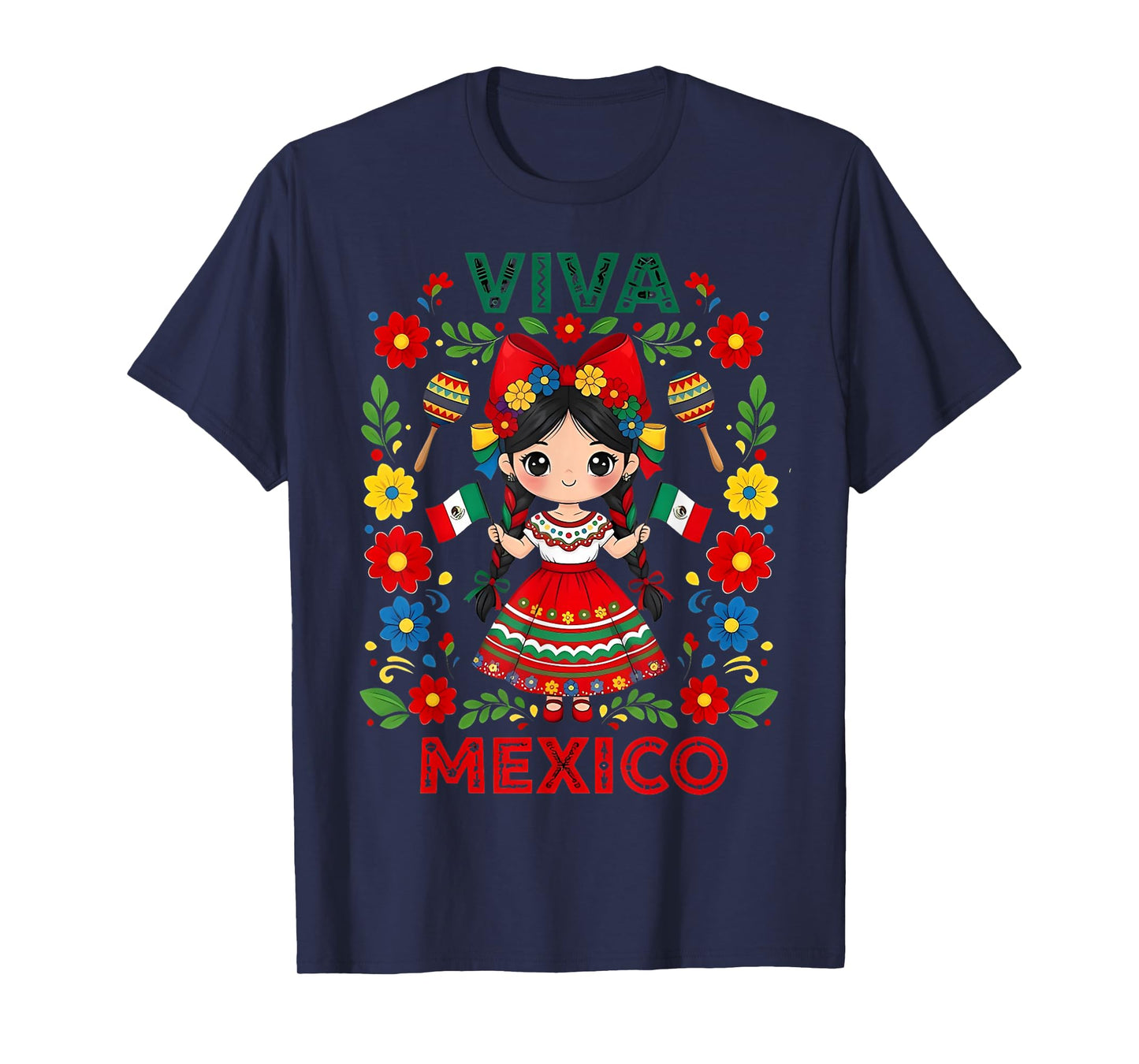 Viva Mexico Mexican Girl Flag Independence Day Girls Kids T-Shirt