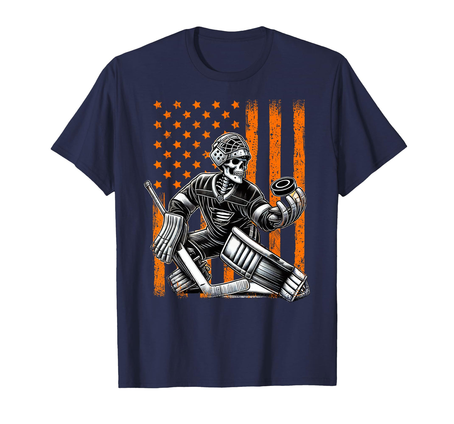 Spooky American Skeleton Ice Hockey Goalie Halloween USA T-Shirt