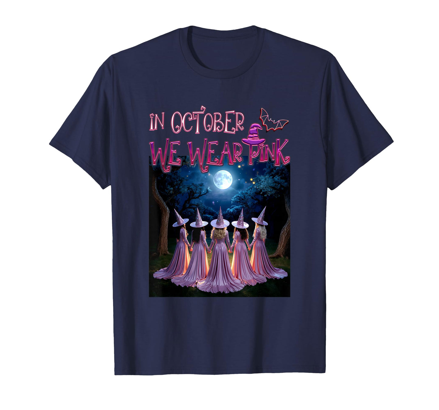 in October We Wear Pink Witches Breast Cancer Awareness Moon T-Shirt