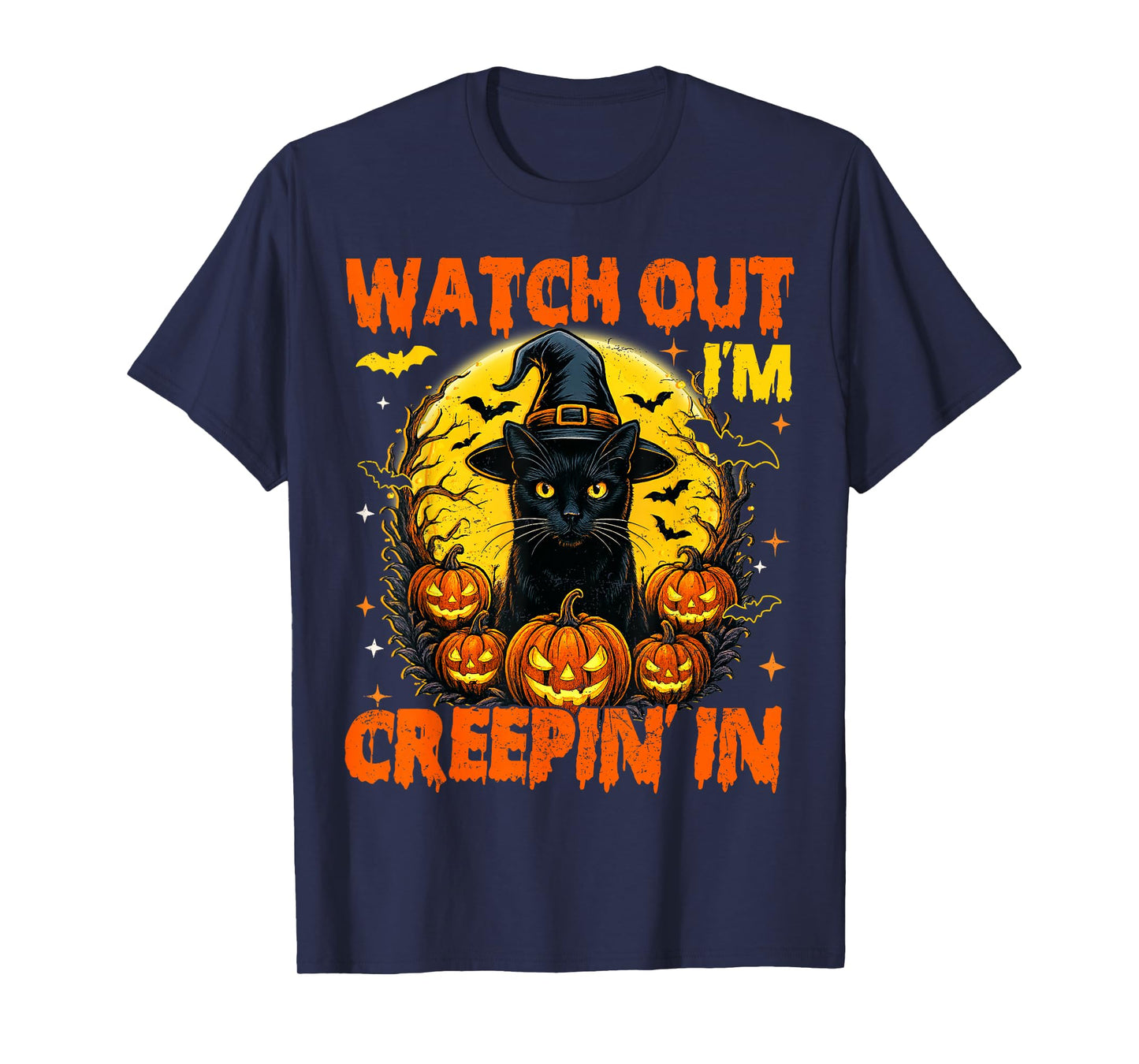 Black Cat Halloween Pumpkin Costume Creepin in Spooky Autumn T-Shirt