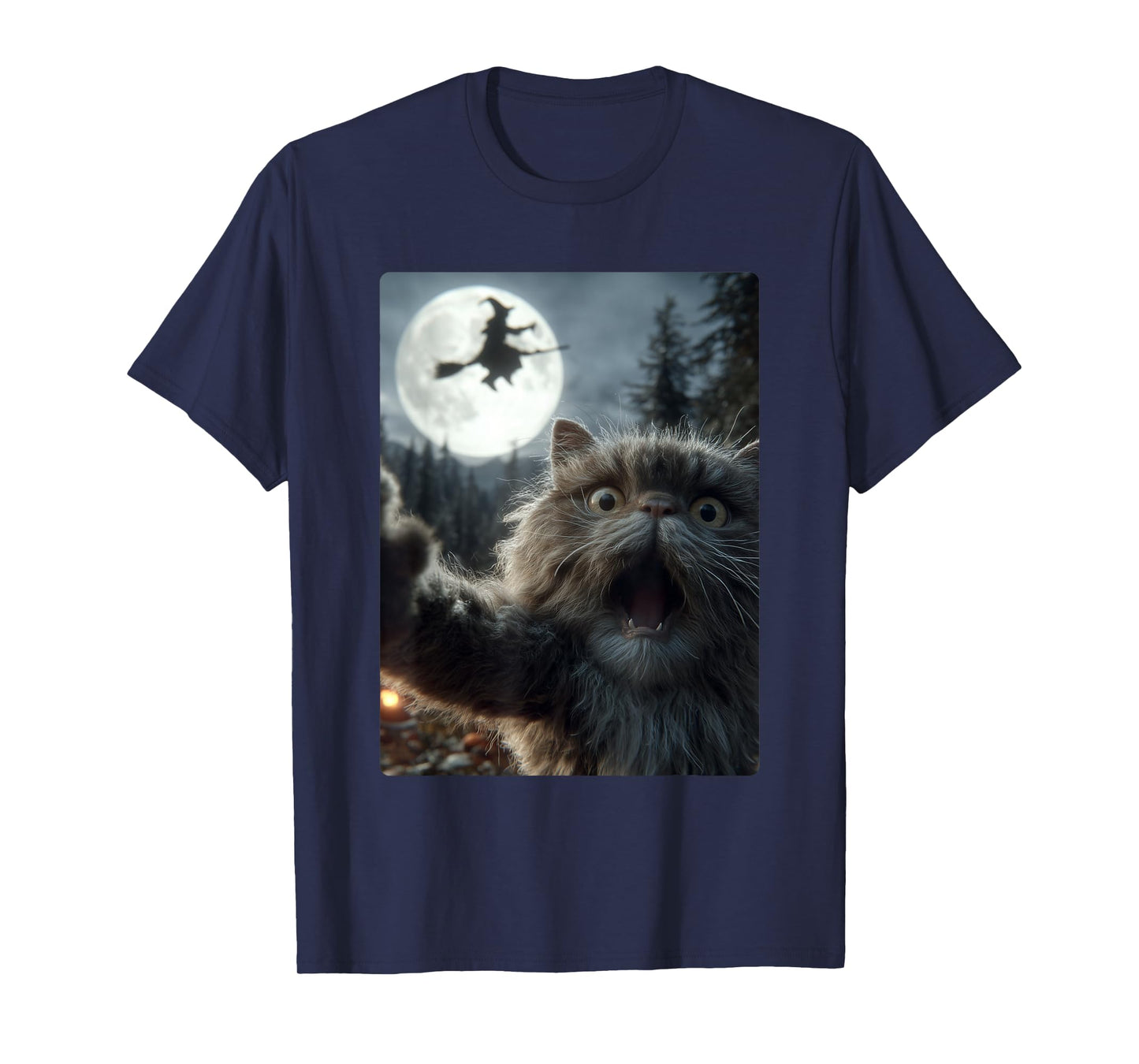 Funny Persian Cat Selfie Full Moon Flying Witch Halloween T-Shirt