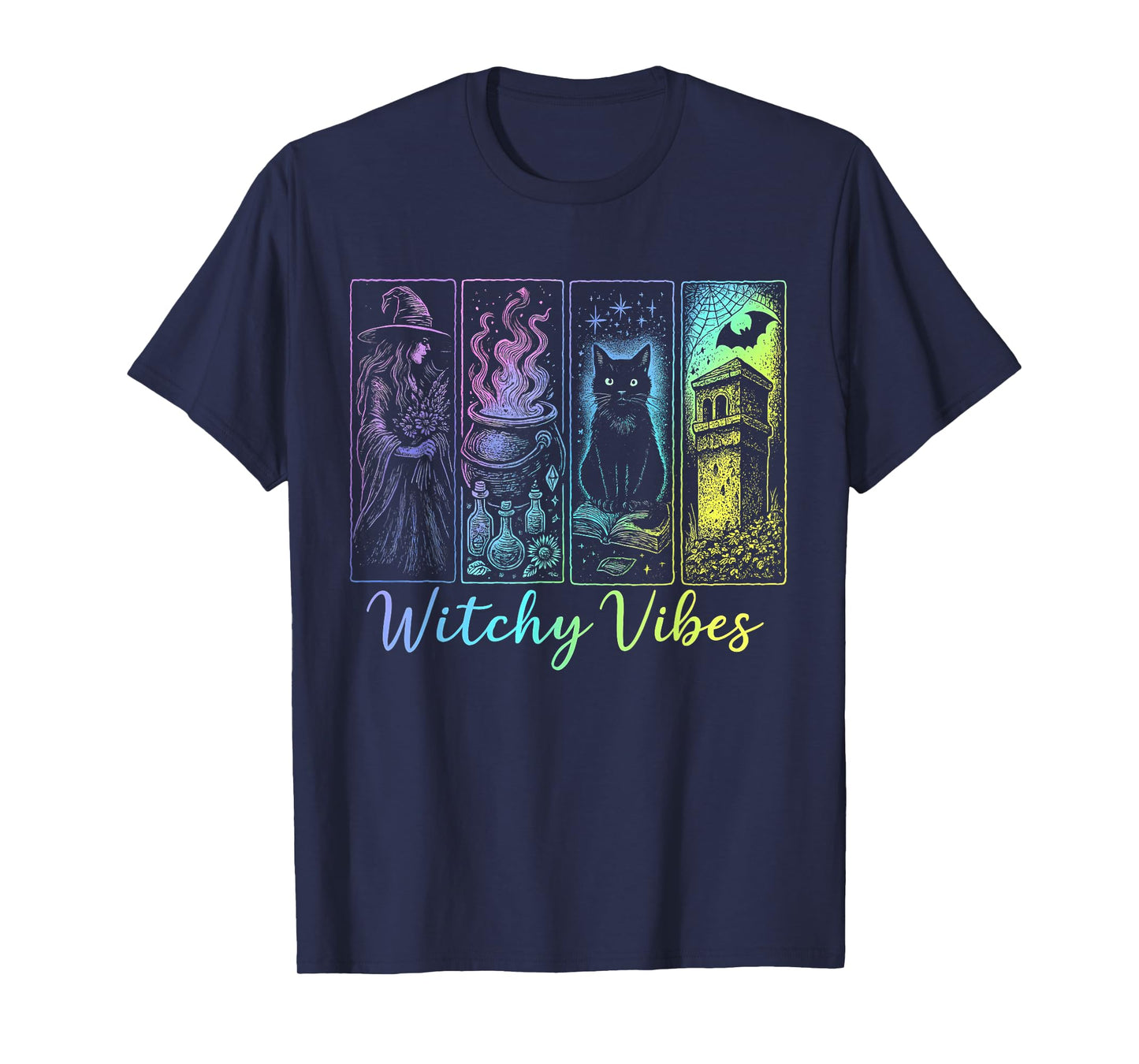 Witchy Vibes Aesthetic Cat Moon Stars Cauldron Occult Magic T-Shirt