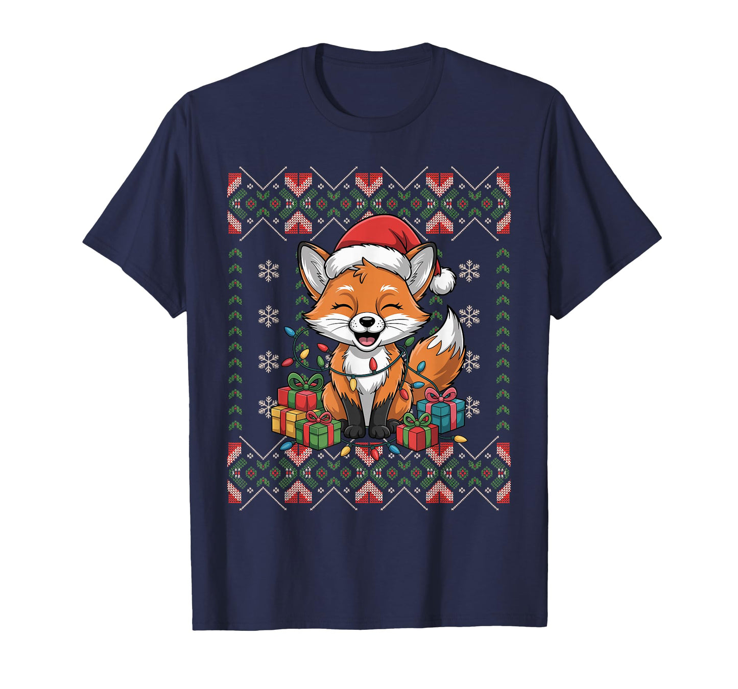 Santa Fox Christmas Ugly Sweater Funny Holiday Pajamas T-Shirt