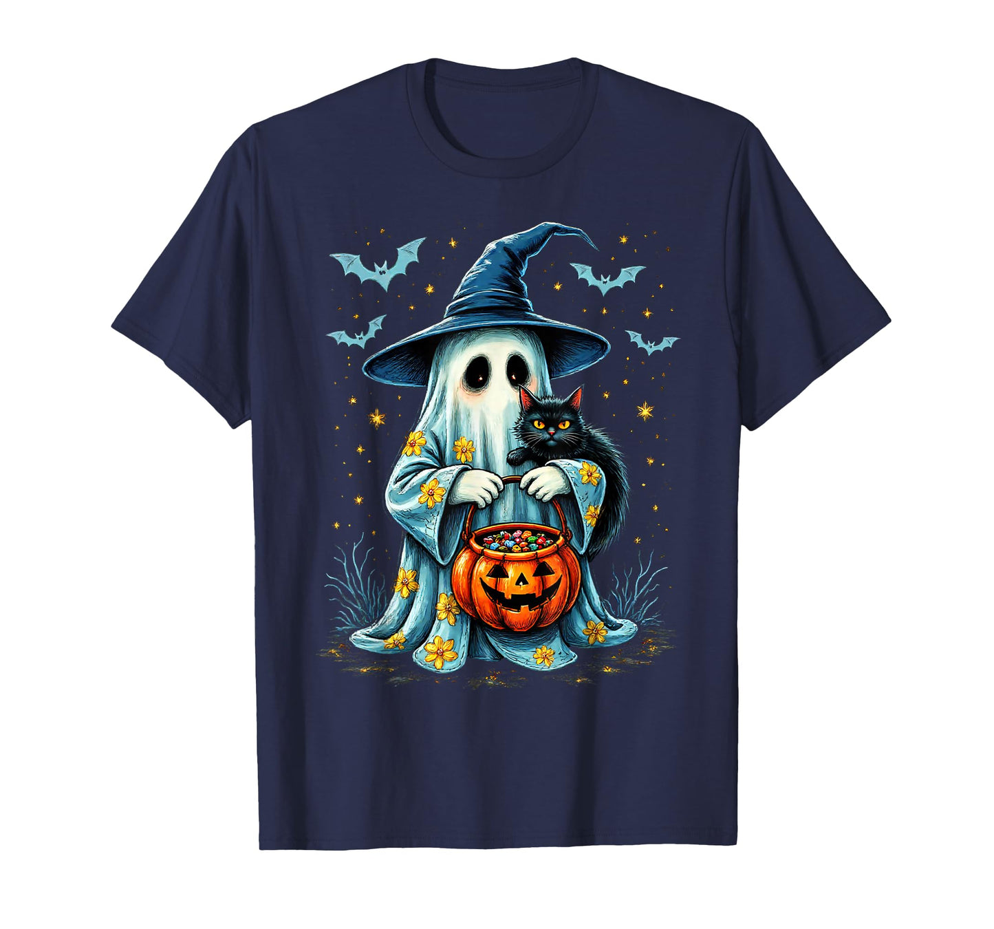 Ghost Holding Black Cat Lover Halloween 2025 Groovy Floral T-Shirt